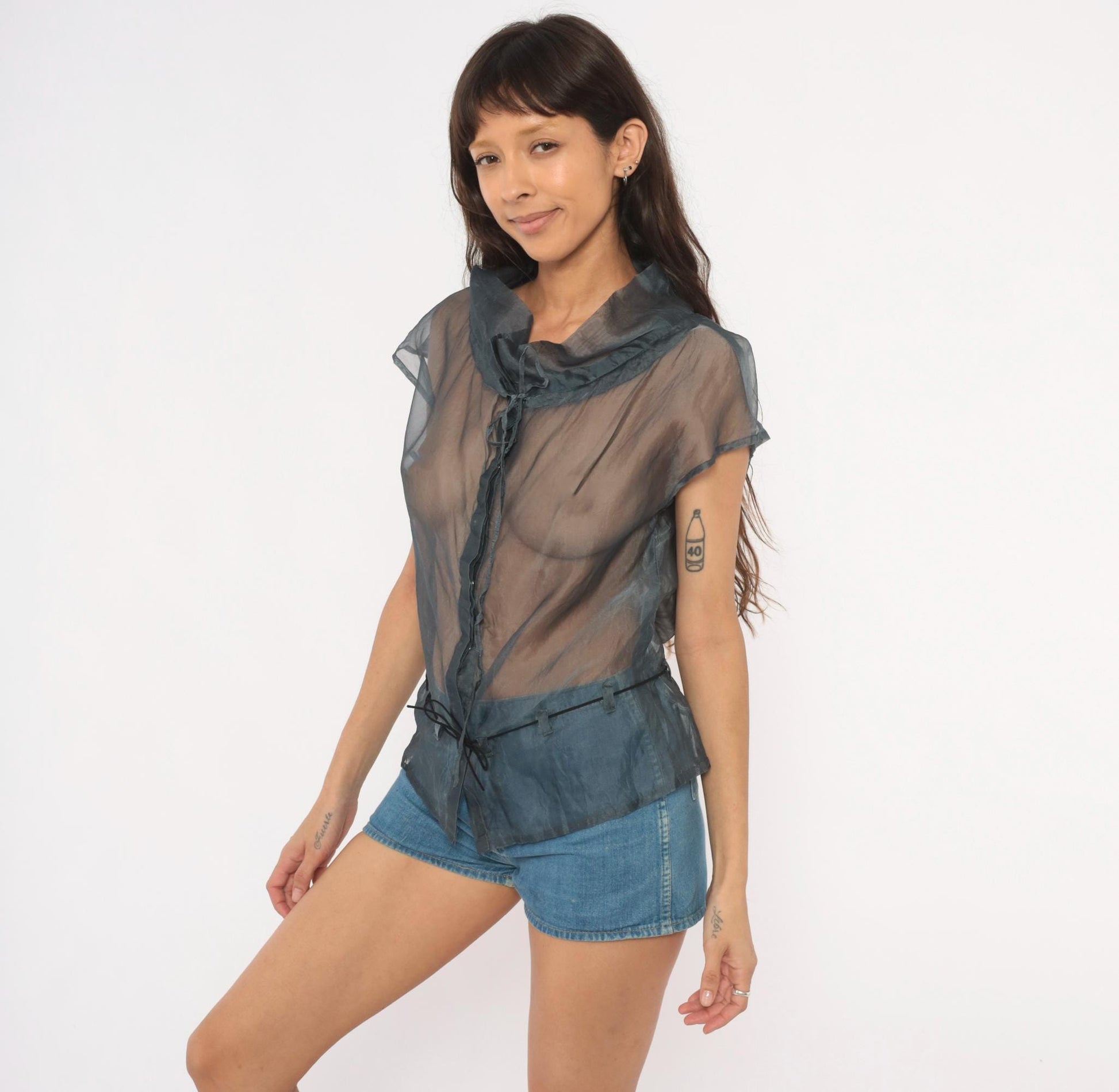 Y2K Fussel Grey Organza Blouse Cap Sleeve Ruffle Collar Sheer Top Medium M