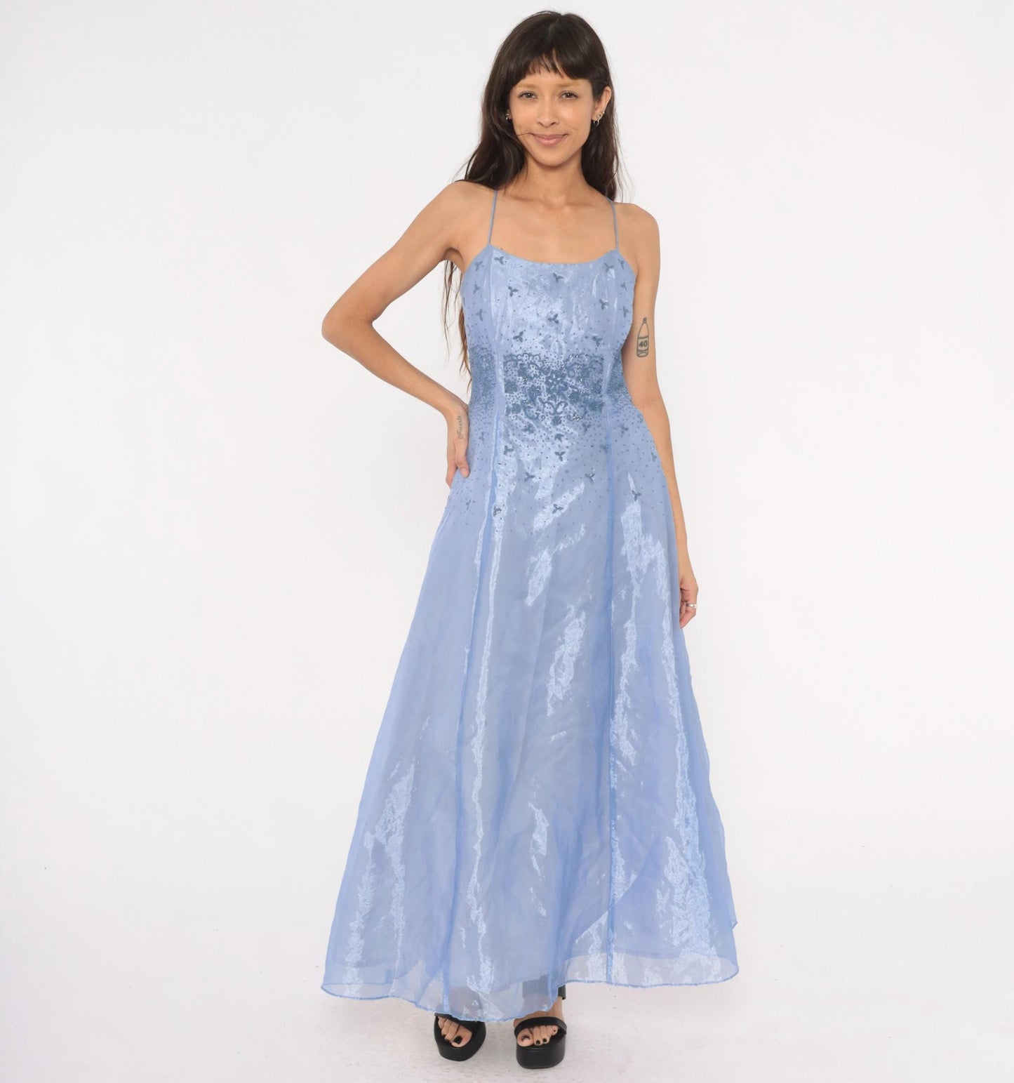 90s Kiki USA Periwinkle Beaded Gown Butterfly Embellished Strapless Organza Medium M