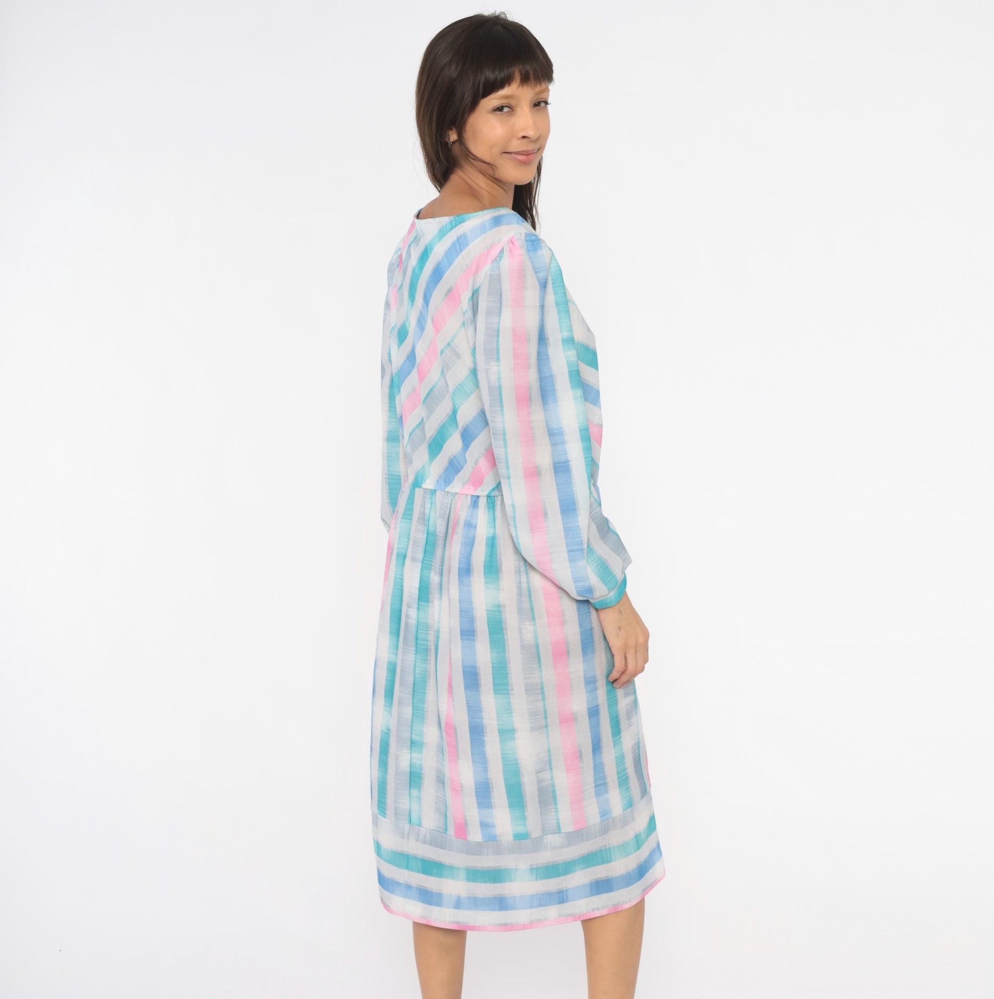 80s Pastel Stripe Diagonal Drop Waist Dress Pink Teal Bishop Sleeve Large L