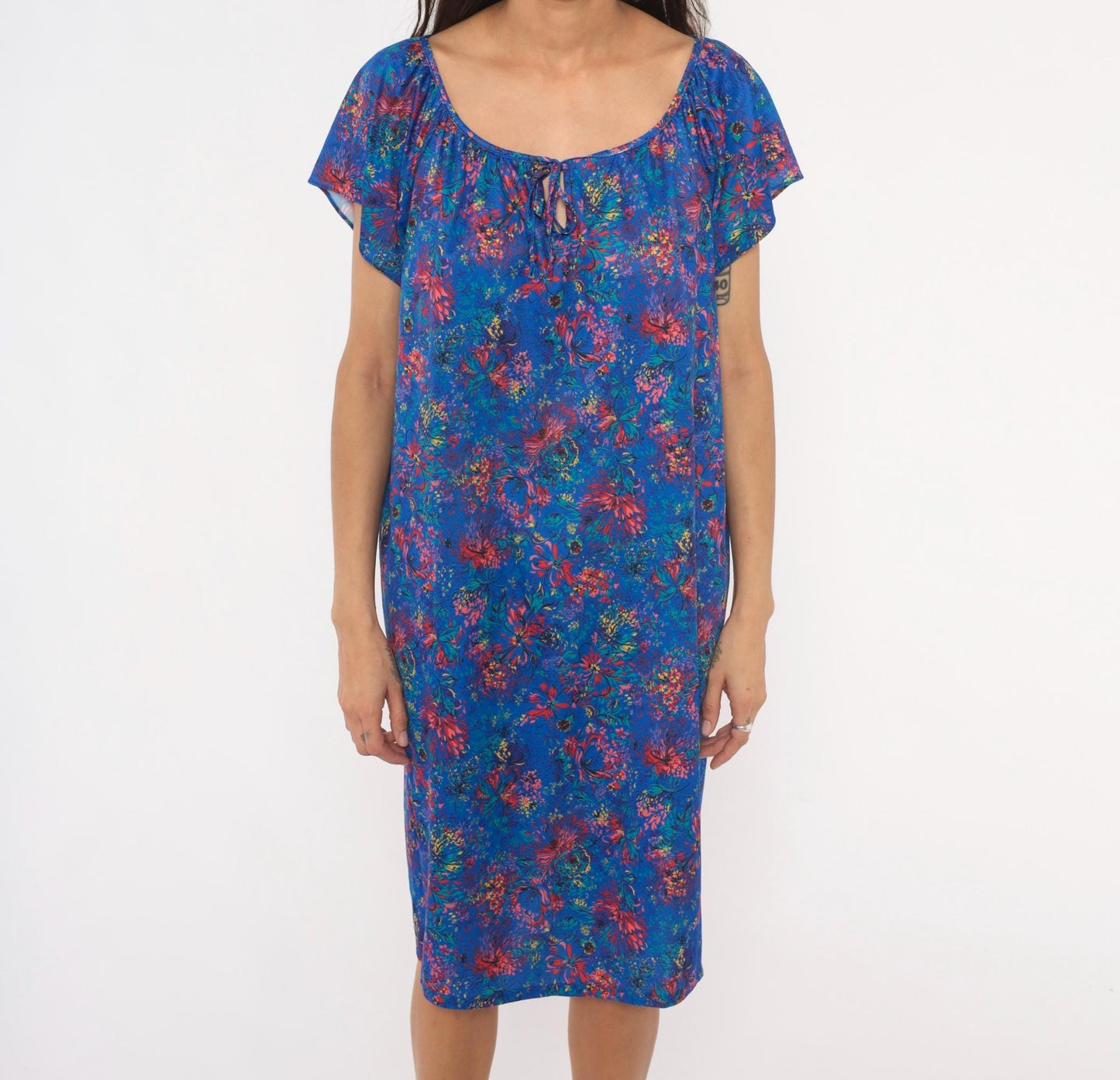 70s Improved Living Floral Shift Dress Cobalt Blue Knee-Length XL