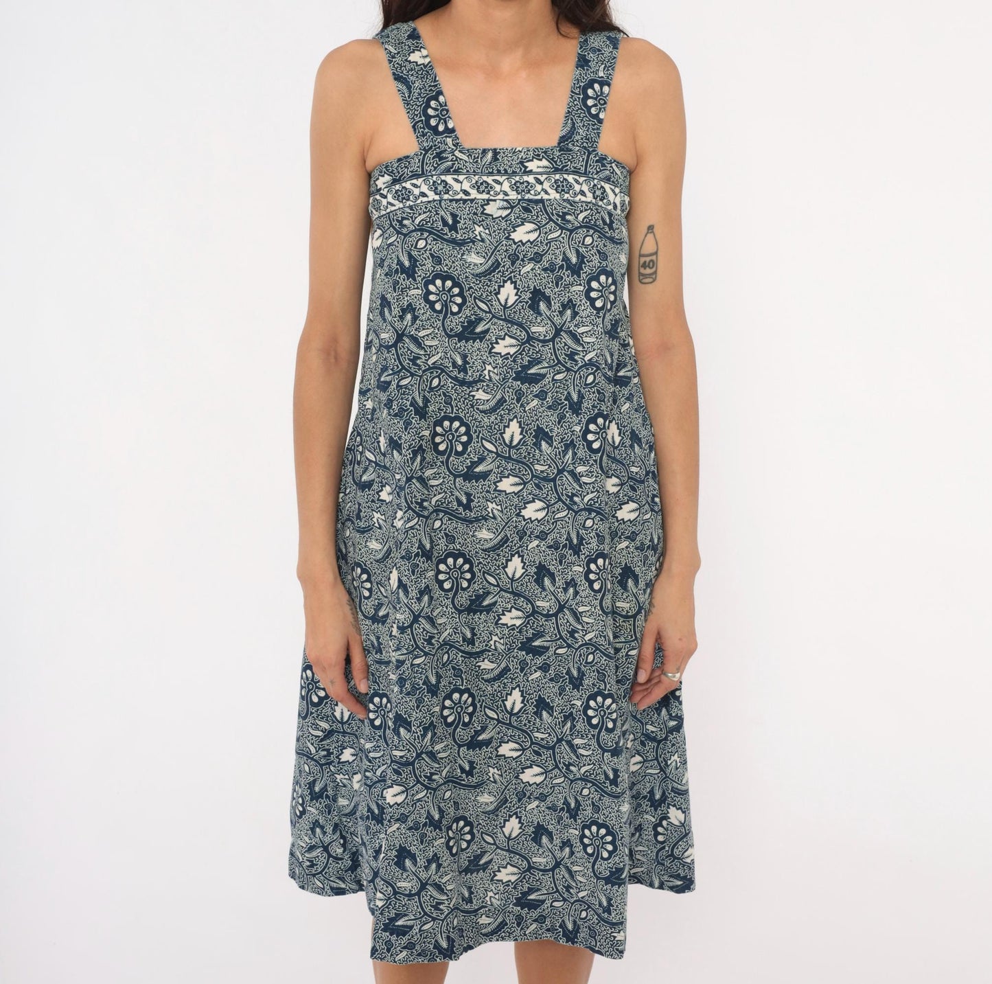 90s Navy Batik Floral Sundress Cotton Square Neck Knee-Length Extra Small XS