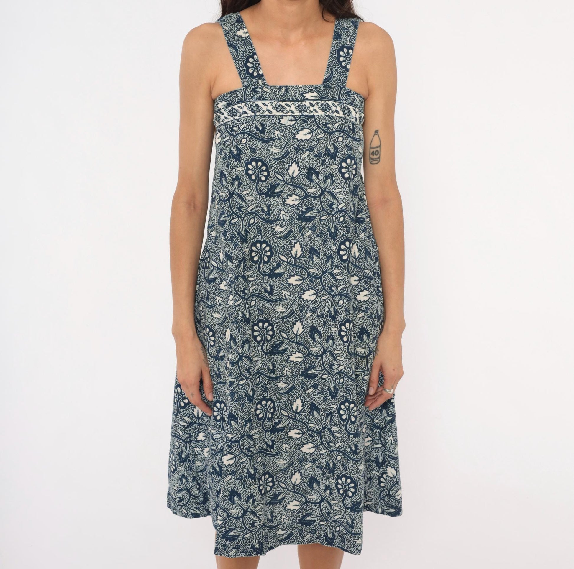 90s Navy Batik Floral Sundress Cotton Square Neck Knee-Length Extra Small XS
