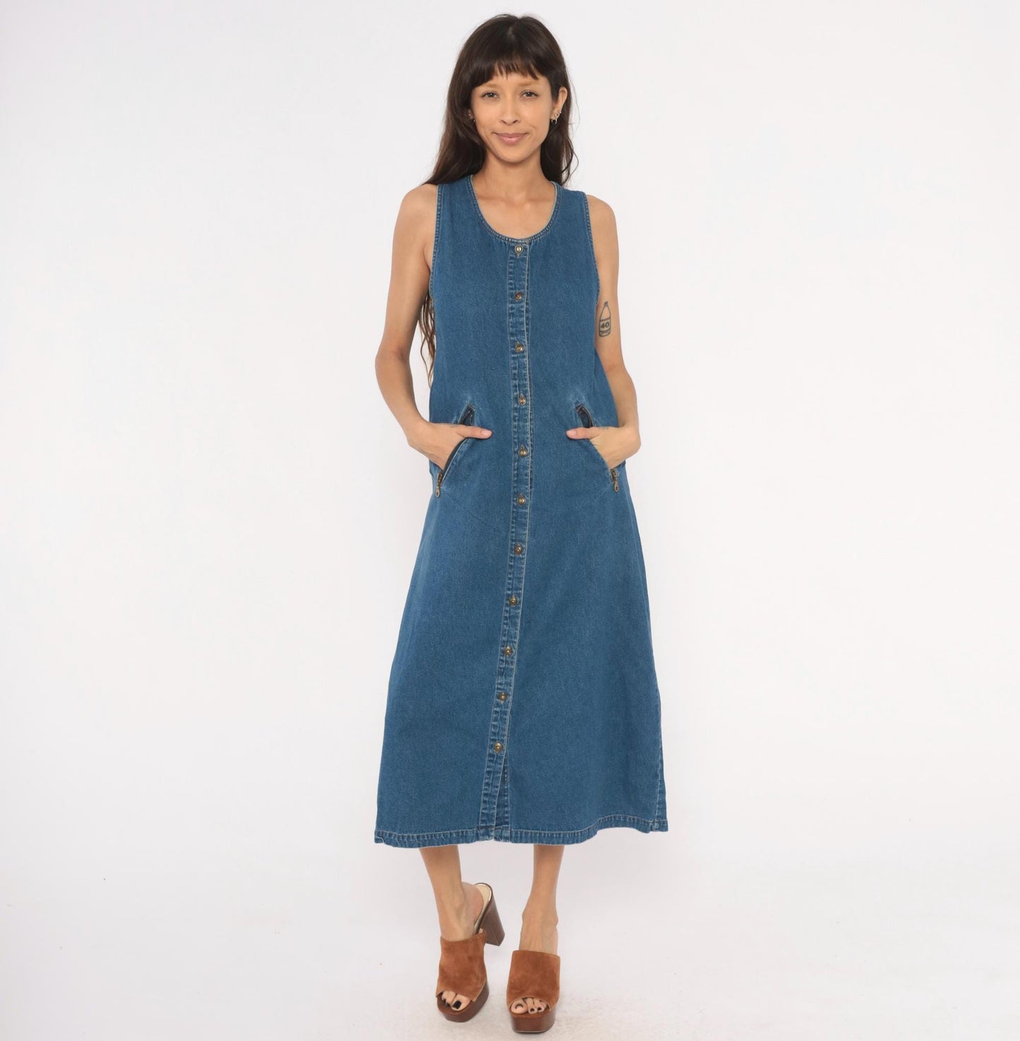 90s Original Ty2 Denim Jumper Dress Midi Button Front Cotton Navy Extra Small