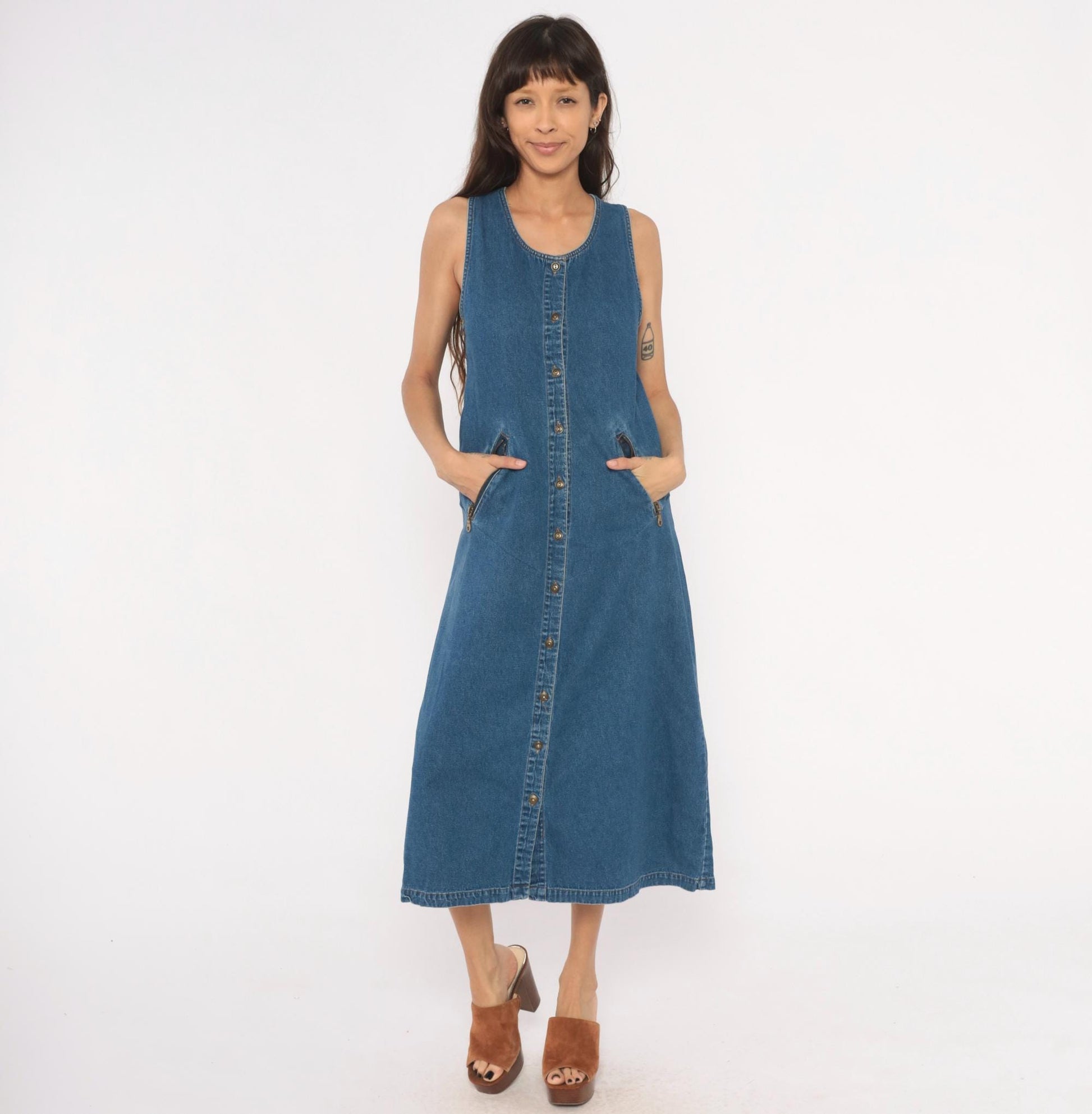 90s Original Ty2 Denim Jumper Dress Midi Button Front Cotton Navy Extra Small