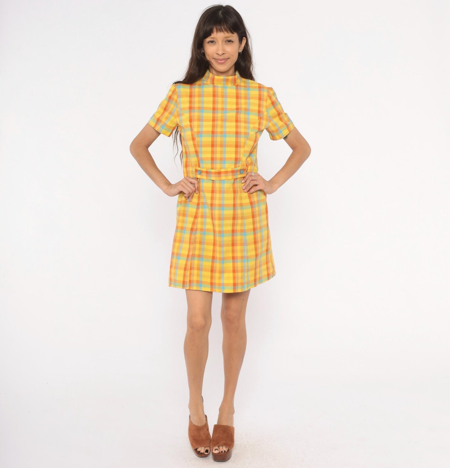60s Plaid Mini Dress Yellow Orange Blue Check Mock Neck Cotton Small