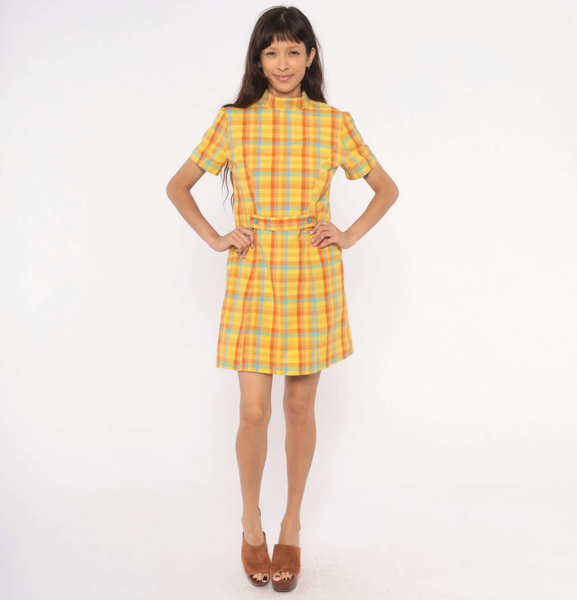 60s Plaid Mini Dress Yellow Orange Blue Check Mock Neck Cotton Small