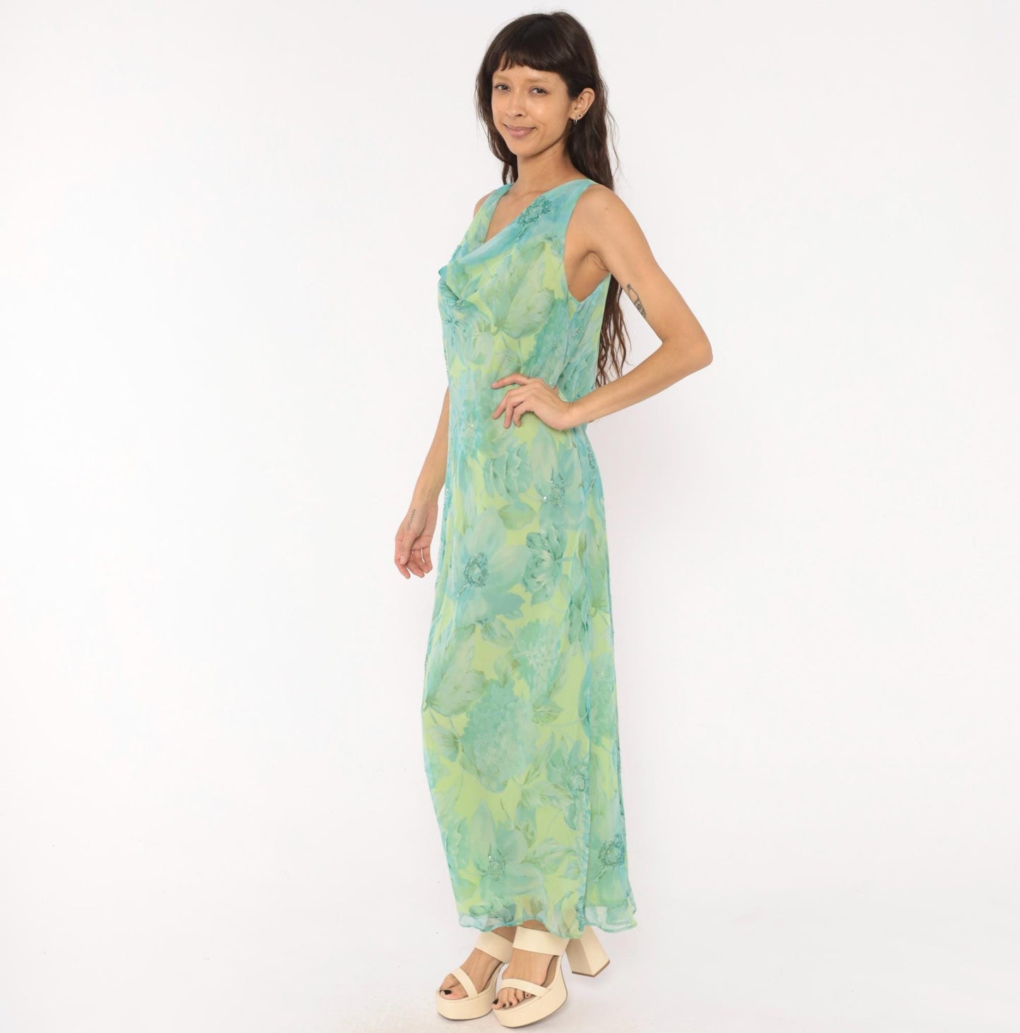 90s Plaza South Floral Chiffon Maxi Dress Aqua Lime Sequin V-Neck Extra Large XXL