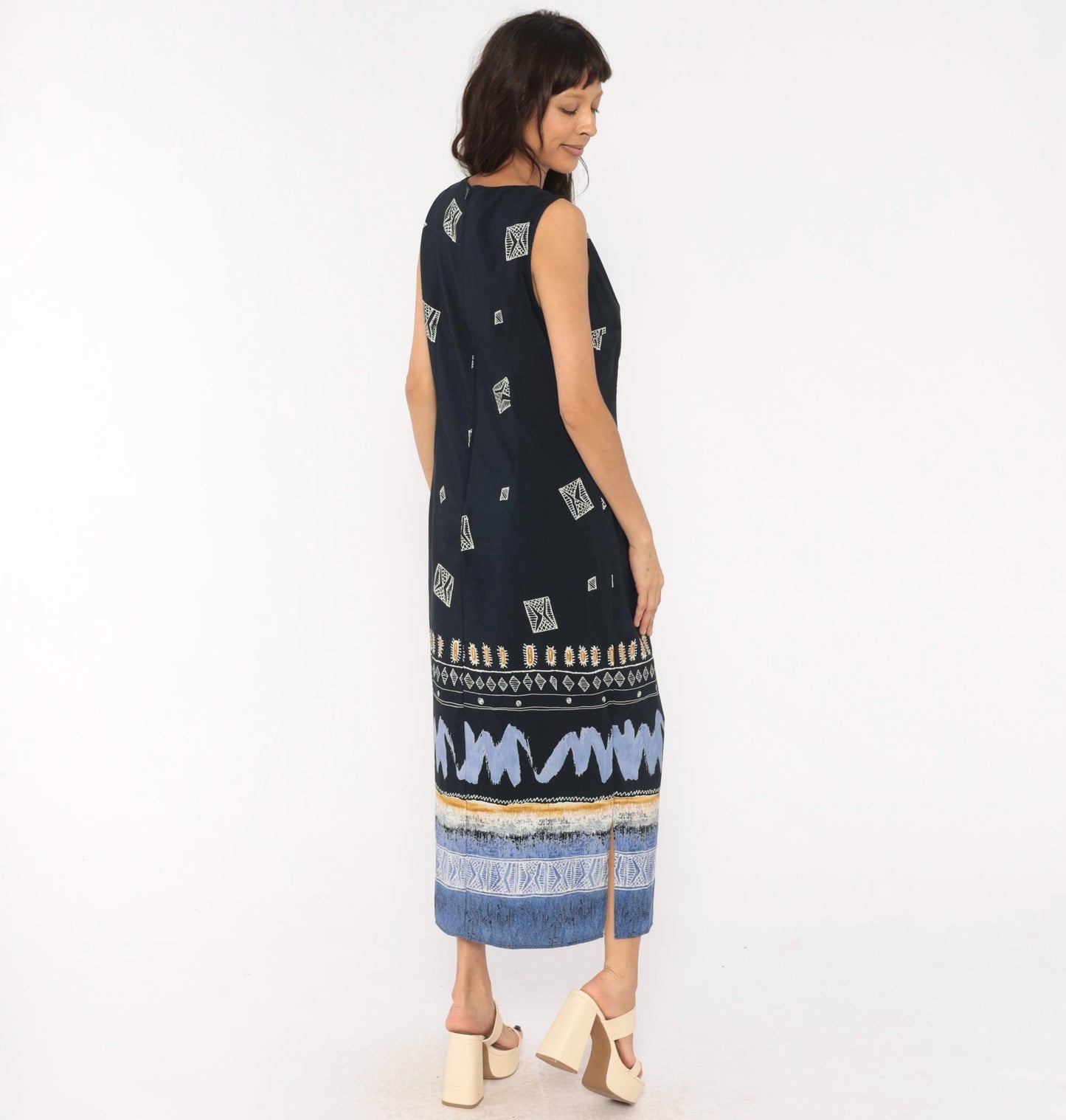 90s Dress Barn Navy Maxi Dress Geometric Tribal Border Sleeveless Large L