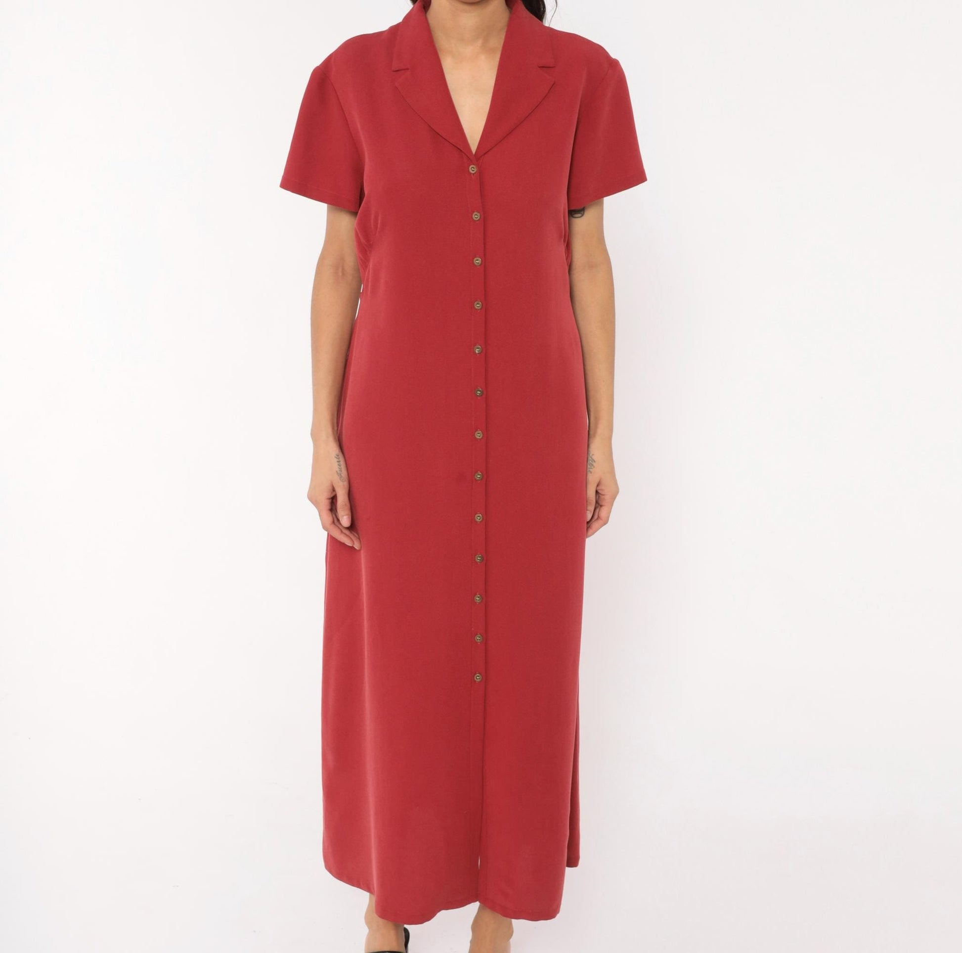 90s Liz Claiborne Burgundy Maxi Shirtdress Notched Collar Button Front Extra Large
