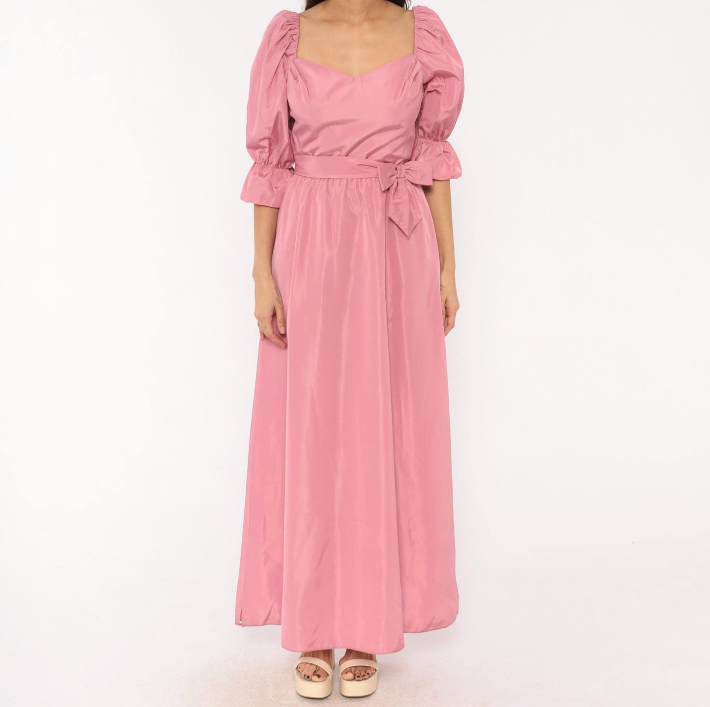 80s Rose Pink Maxi Gown Sweetheart Puff Sleeve Bow Belt Small