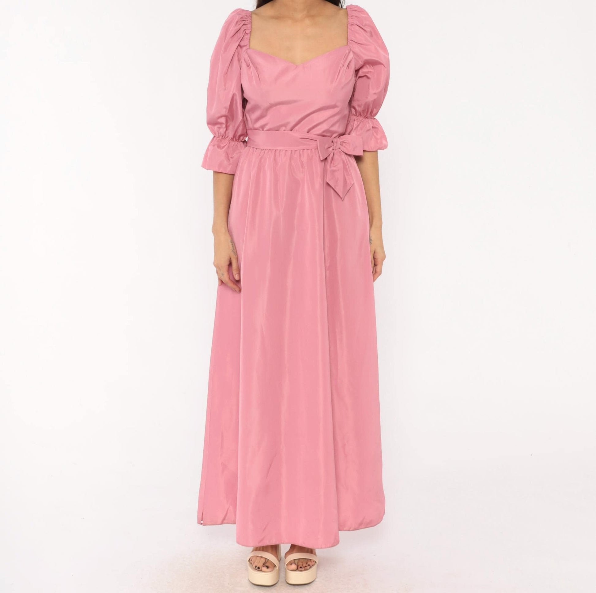 80s Rose Pink Maxi Gown Sweetheart Puff Sleeve Bow Belt Small