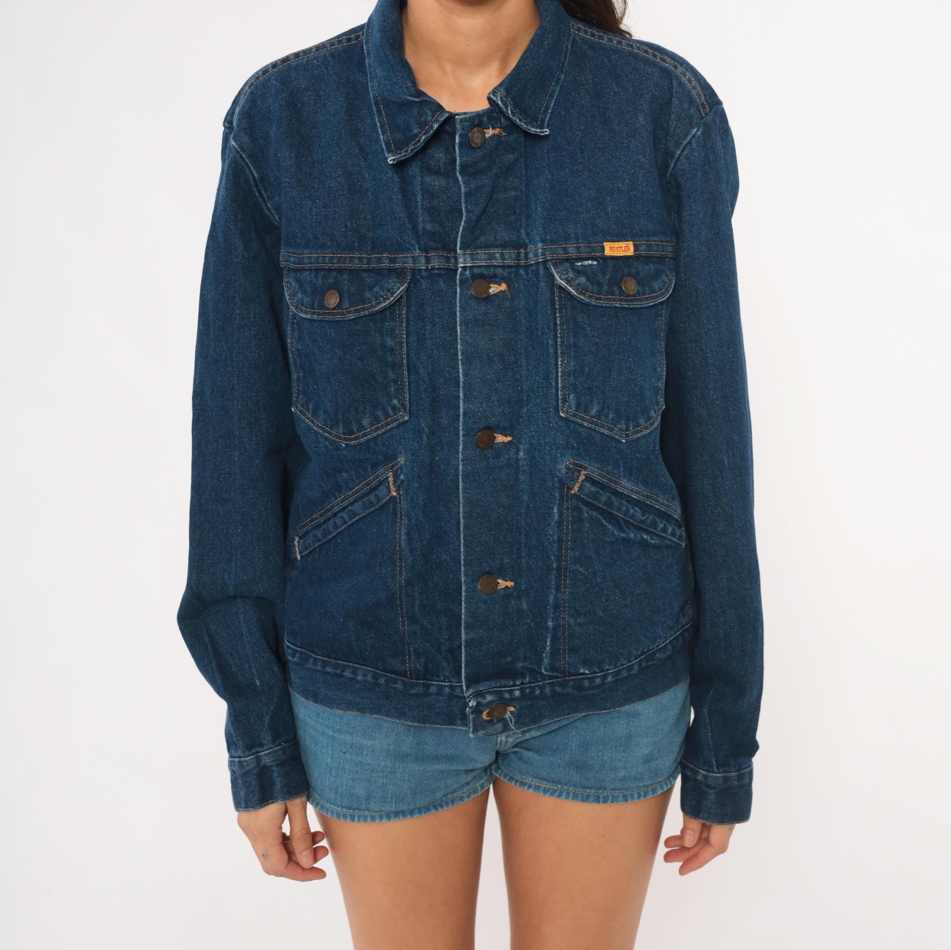80s Rustler Dark Wash Denim Jacket Cotton Pointed Collar Medium