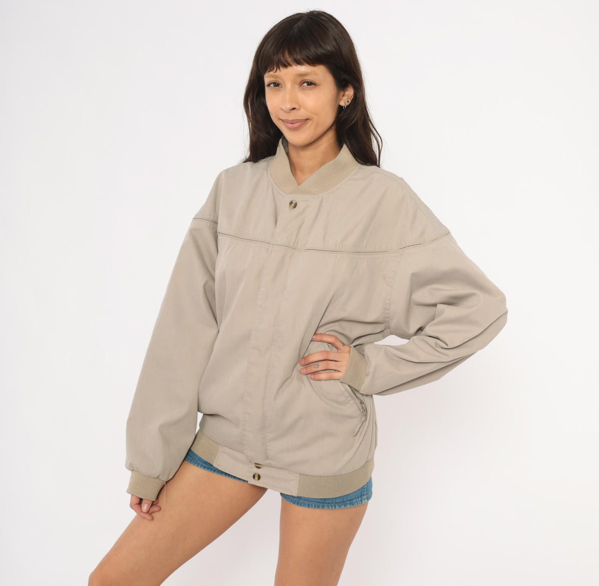 80s Windbreaker Bomber Jacket Tan Ribbed Knit Collar Small