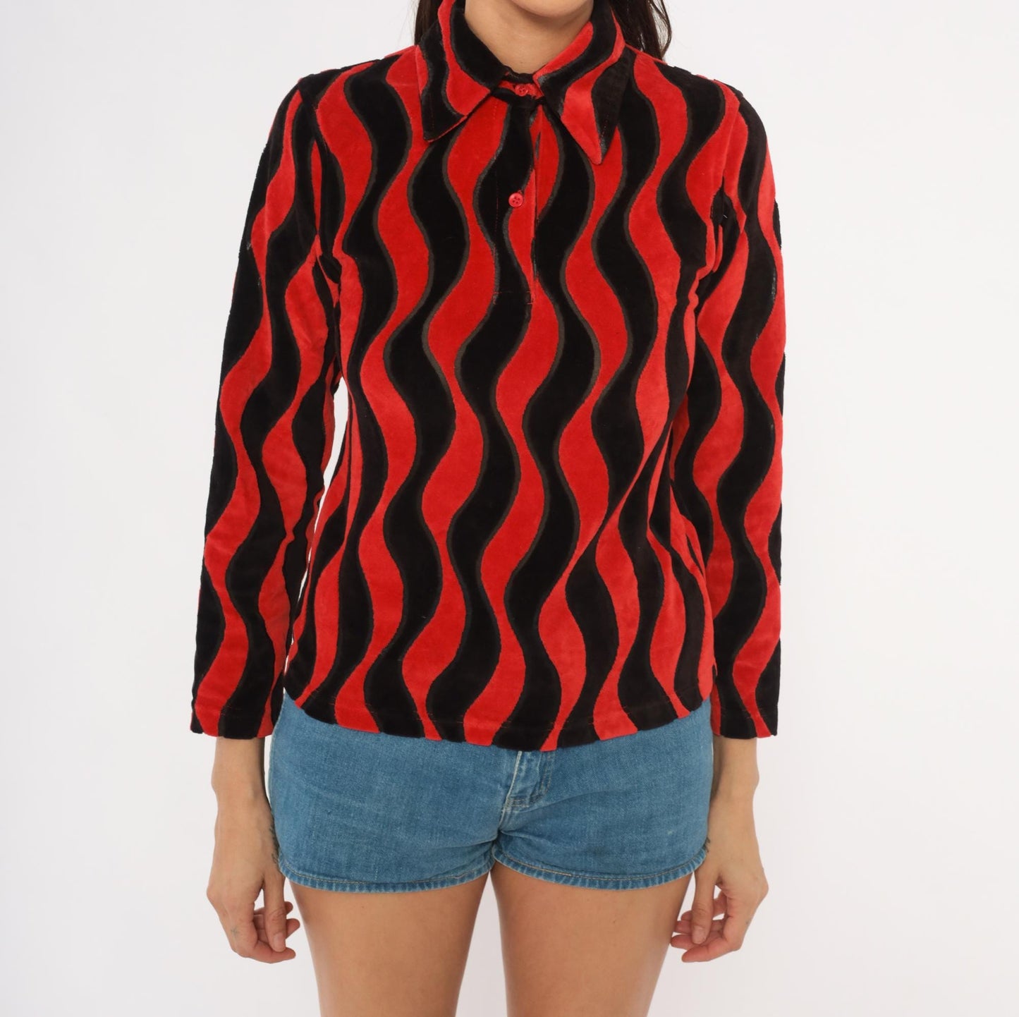Y2K Psychedelic Wave Collared Shirt Red Black Wavy Stripe Long Sleeve Extra Small
