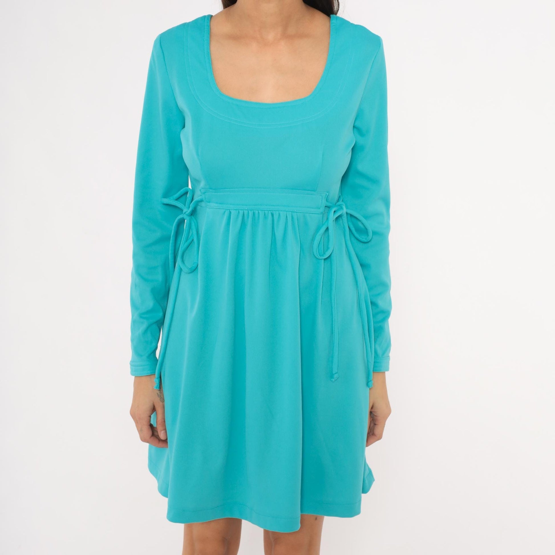 70s Aqua Babydoll Mini Dress Empire Waist Tie Side Long Sleeve Medium M