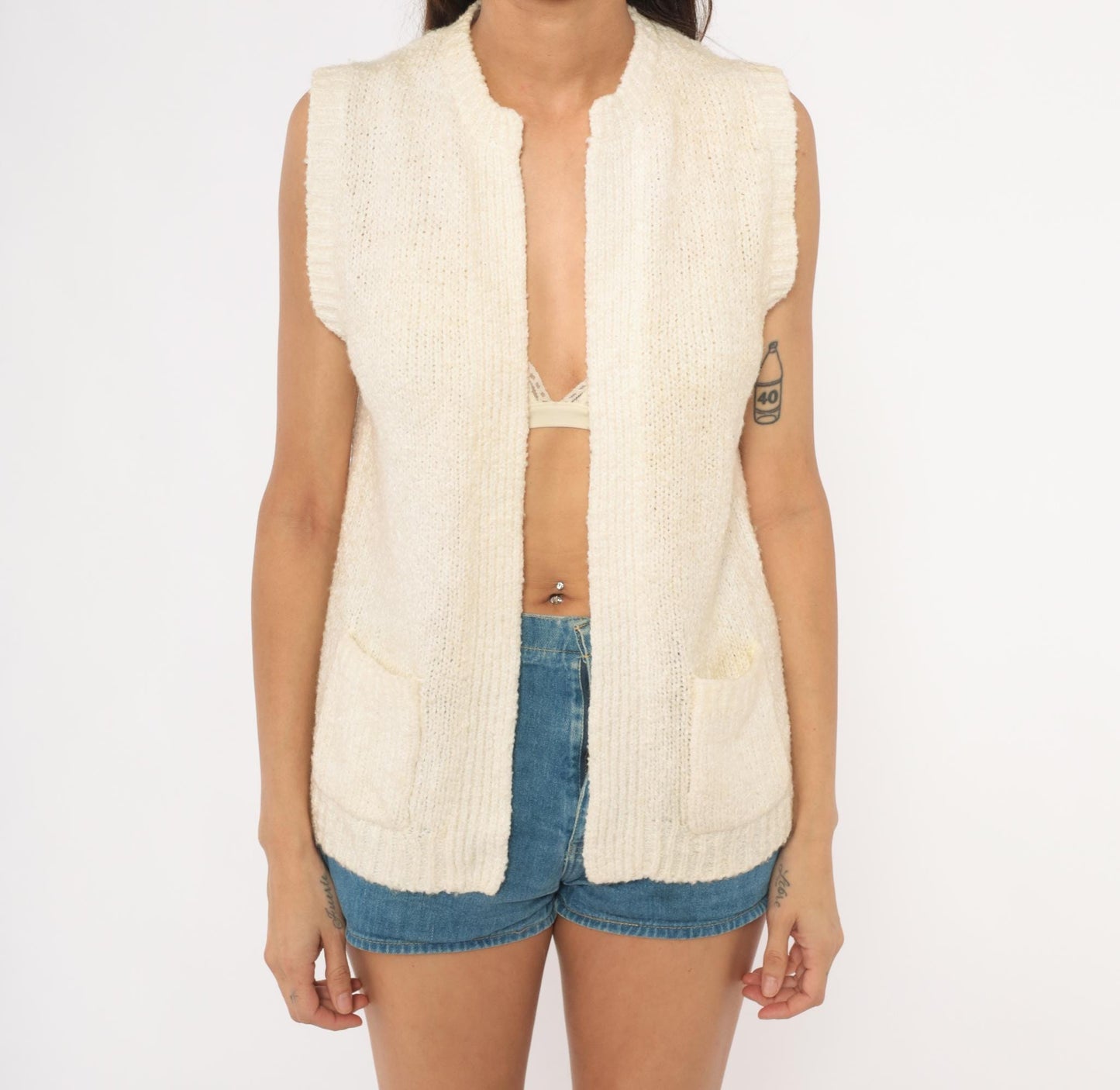 80s Moneta Cream Knit Sweater Vest Patch Pocket Cardigan Small