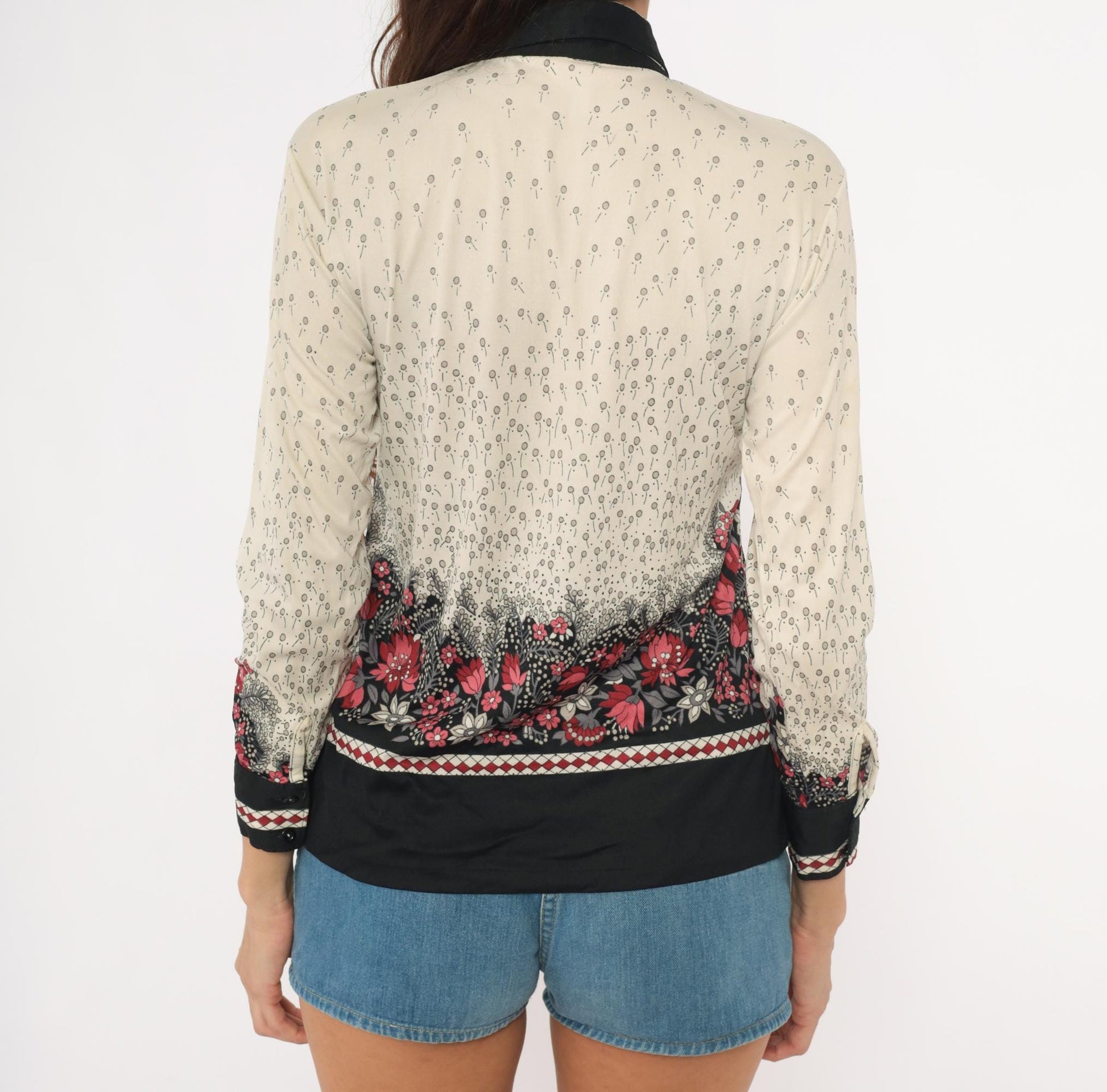 70s Floral Nylon Button-Front Blouse Black Red Cream Pointed Collar Small