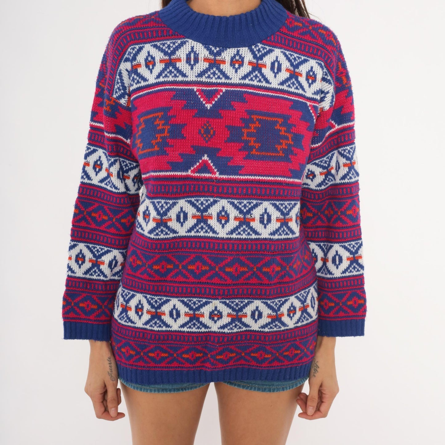 90s Croquet Southwestern Geometric Knit Pullover Navy Blue Pink Medium M
