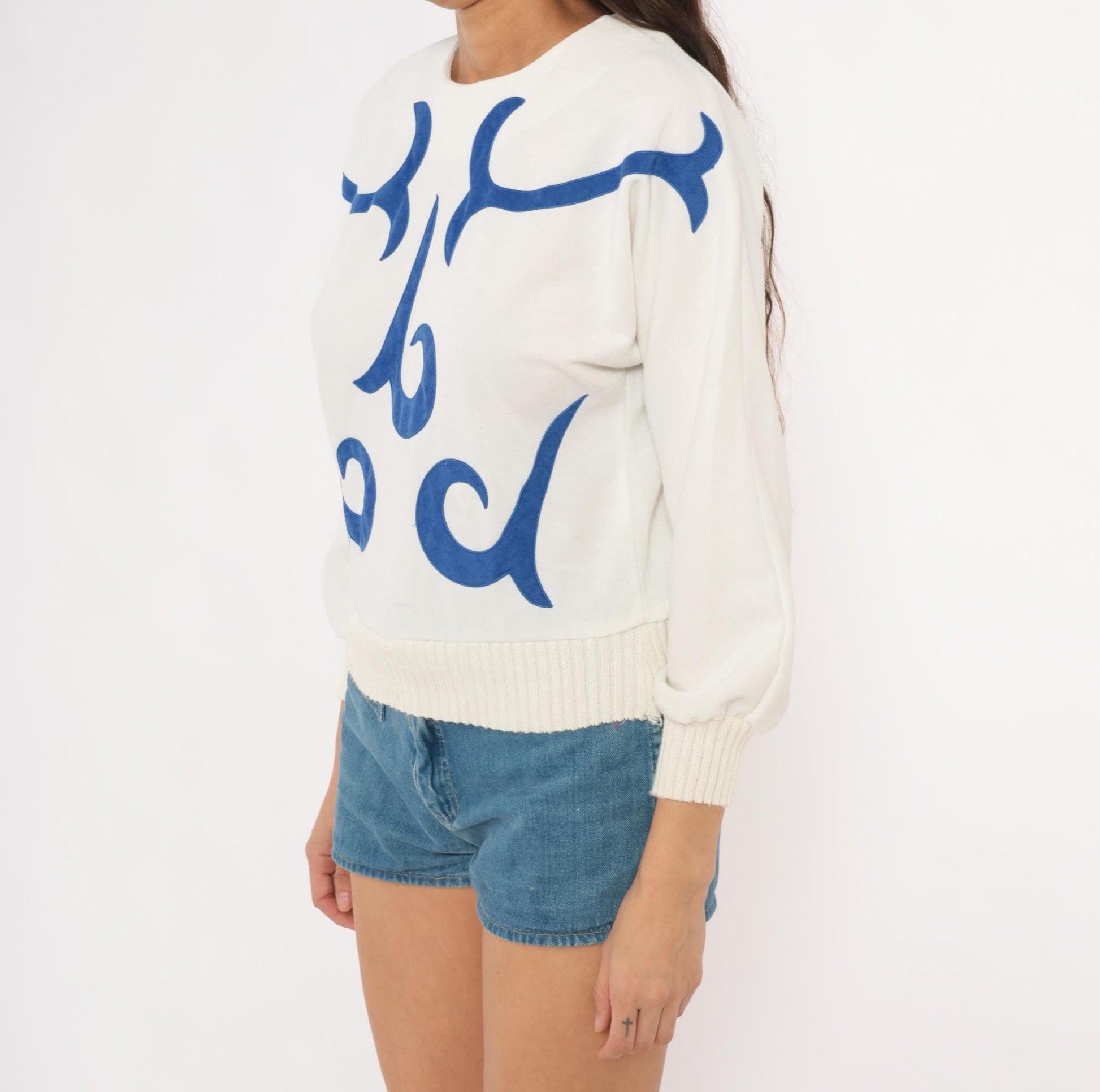 80s Leslie Fay White Cobalt Appliqué Sweatshirt Cropped Balloon Sleeve Extra Small XS