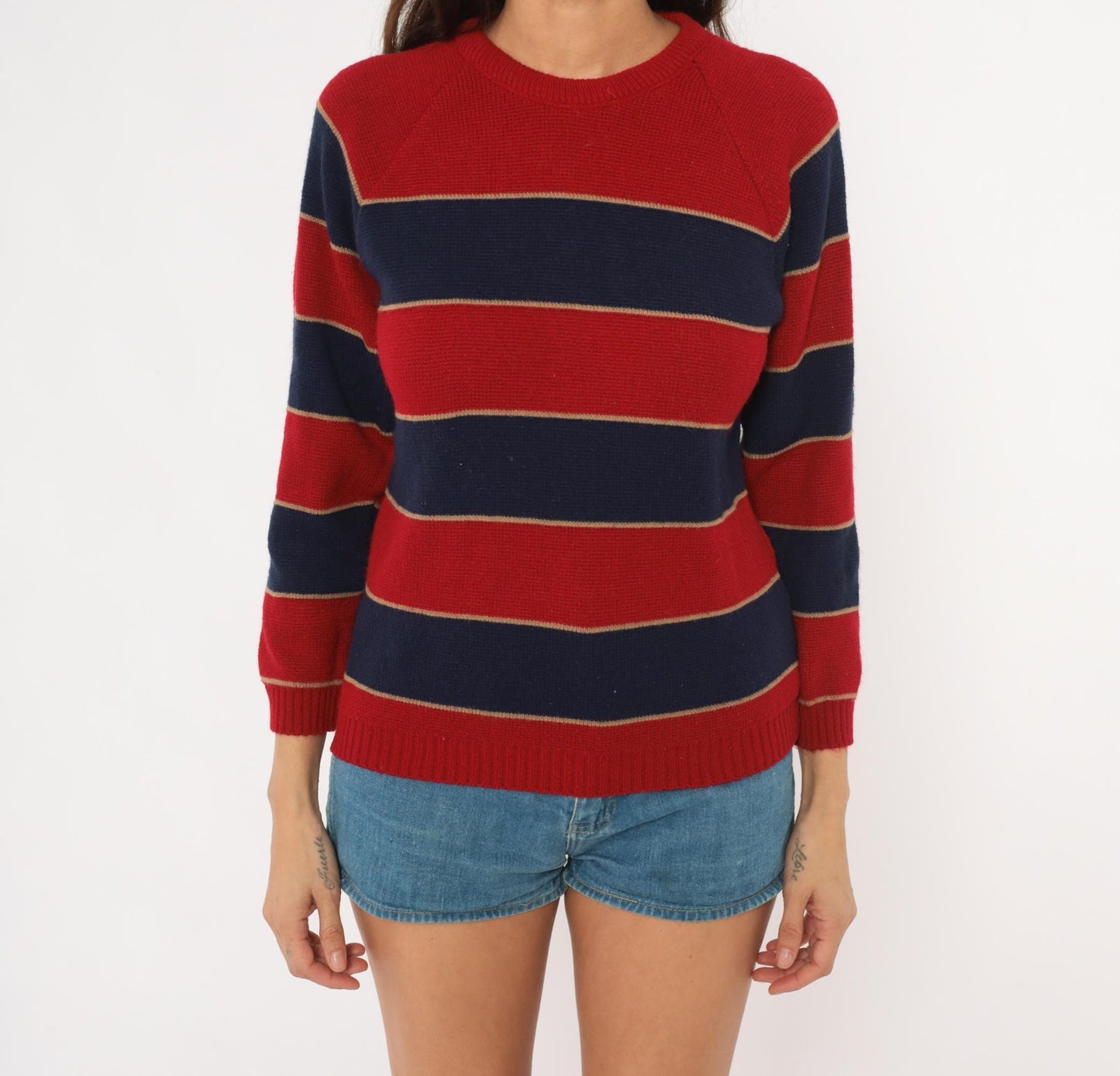 80s Striped Raglan Pullover Sweater Red Navy Burgundy Knit Small