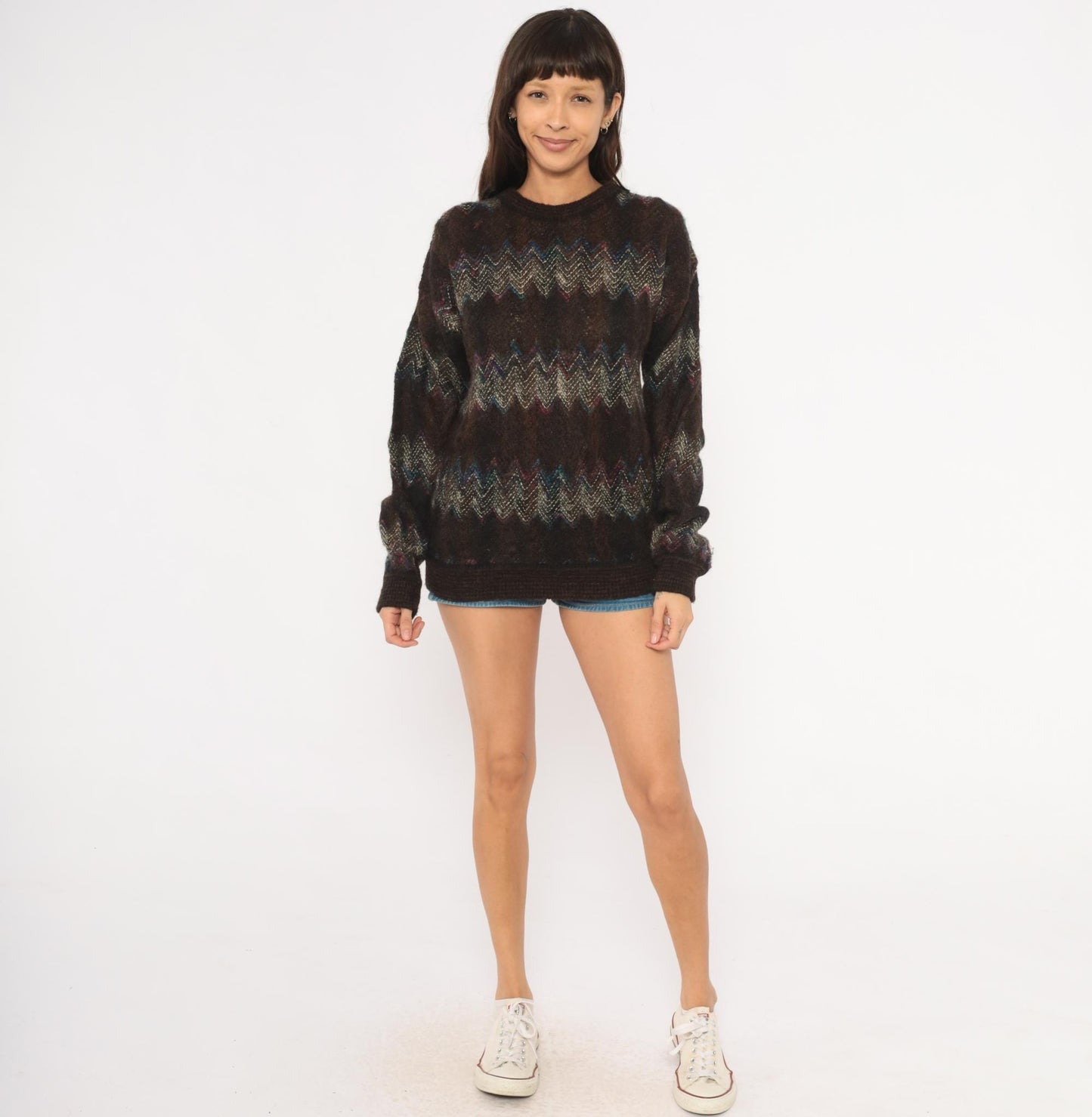 80s Croft & Barrow Chevron Zigzag Wool Pullover Dark Brown Small
