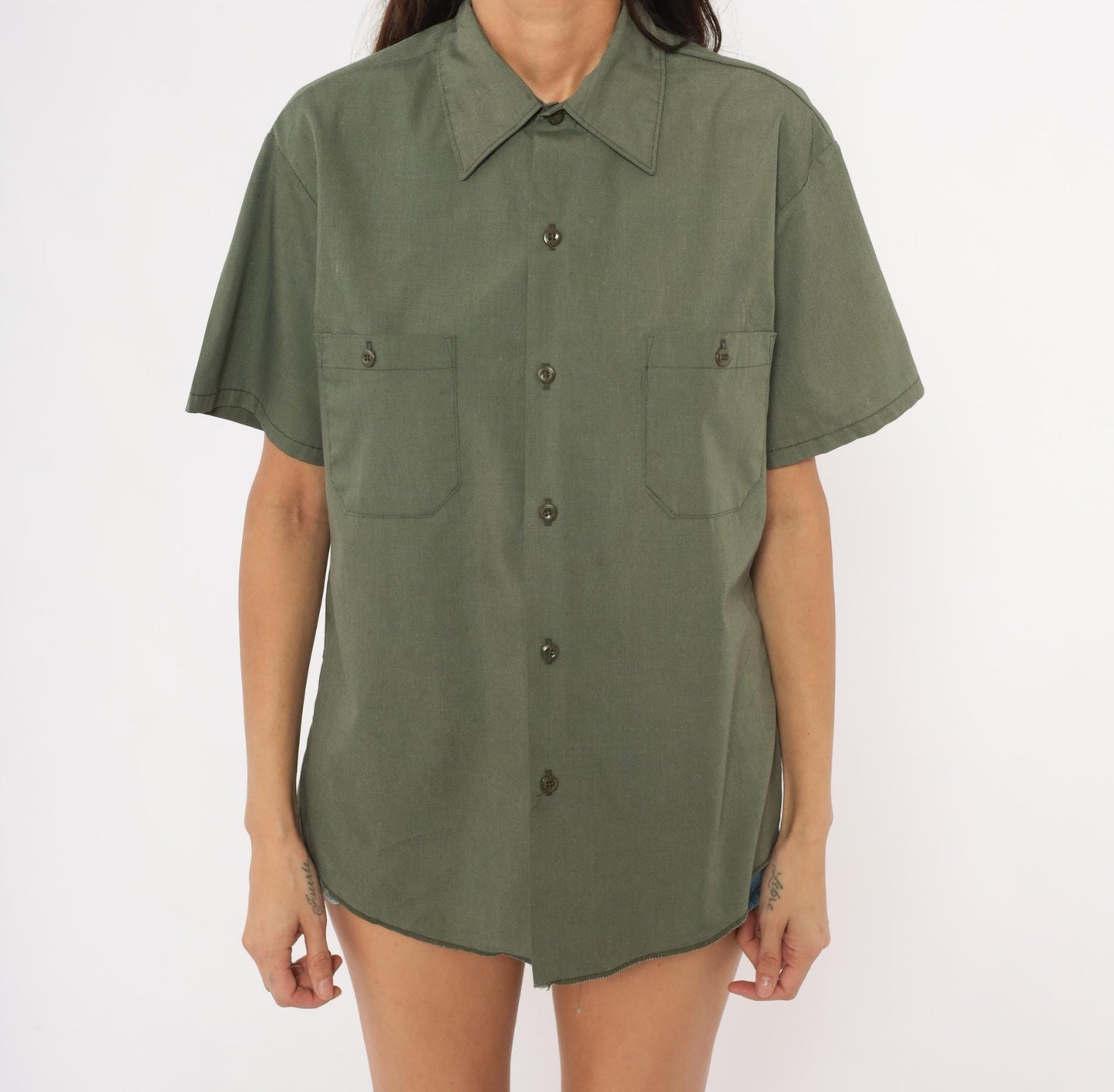 70s Sears Olive Work Shirt Pointed Collar Short Sleeve Utility Blouse Medium M