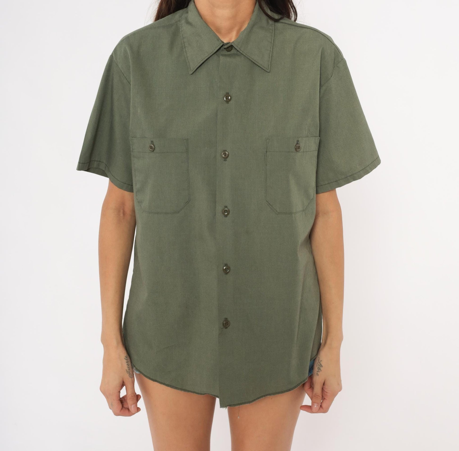70s Sears Olive Work Shirt Pointed Collar Short Sleeve Utility Blouse Medium M