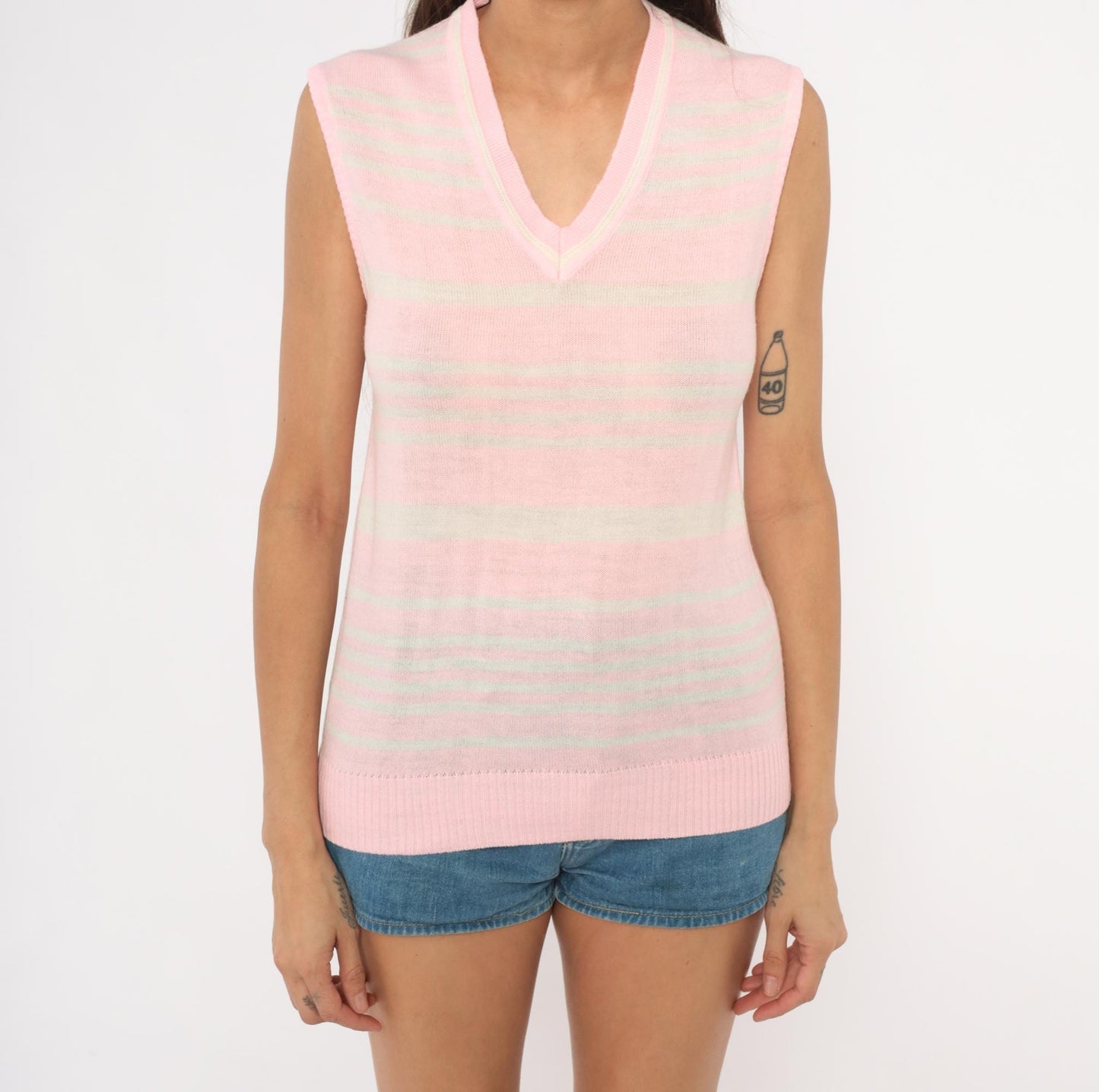 70s Pink White Striped Sweater Vest V Neck Sleeveless Knit Small