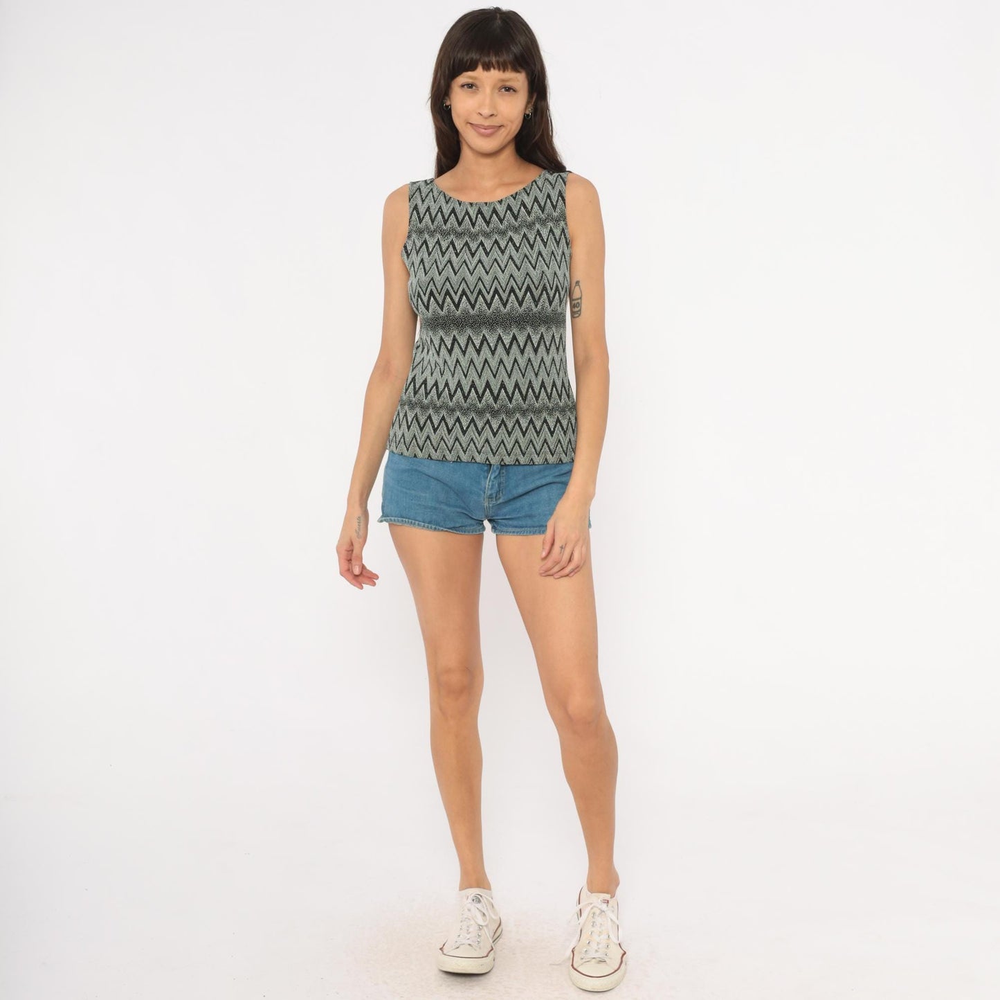 90s Black Grey Chevron Zigzag Metallic Knit Tank Medium M