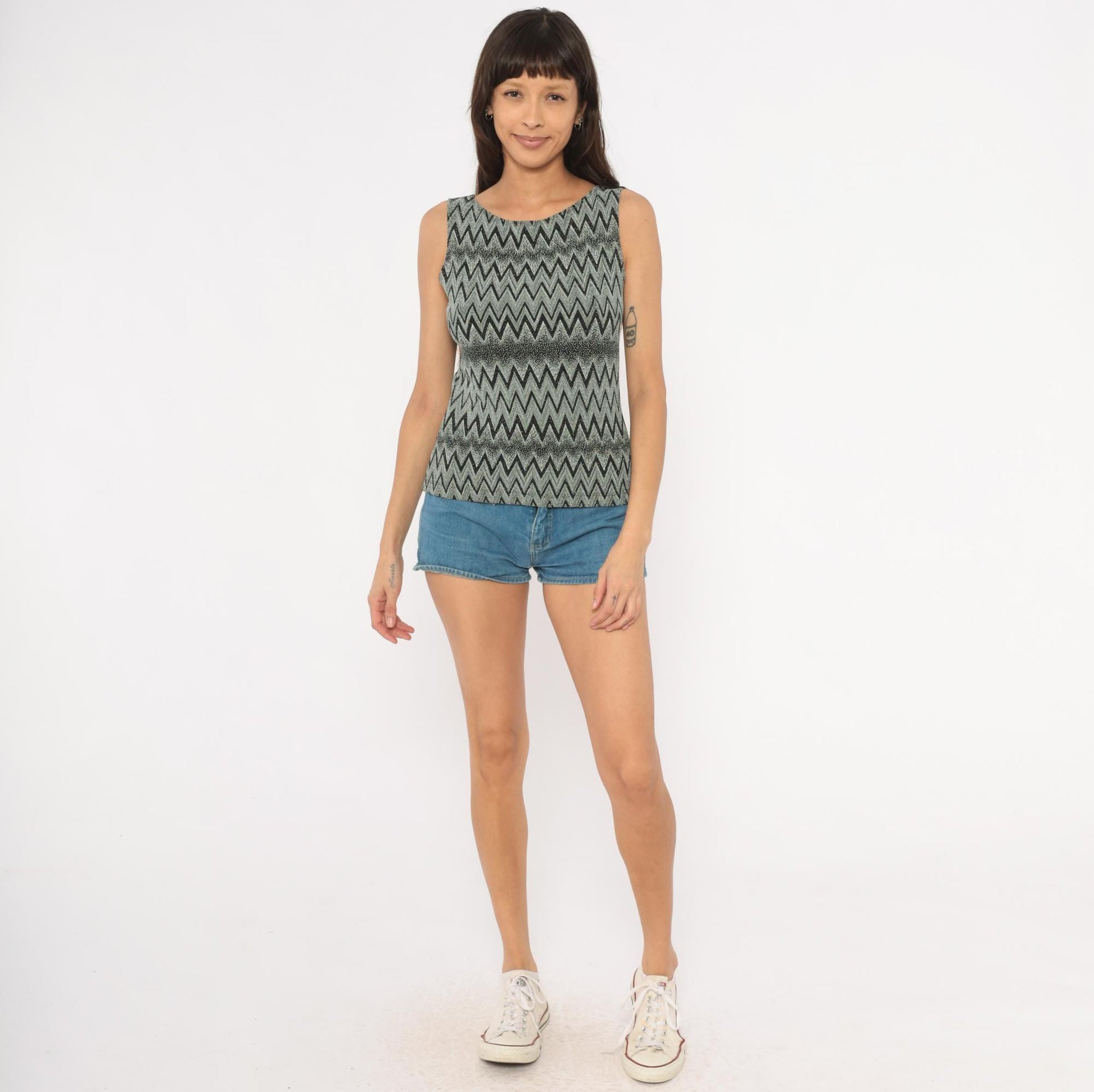 90s Black Grey Chevron Zigzag Metallic Knit Tank Medium M