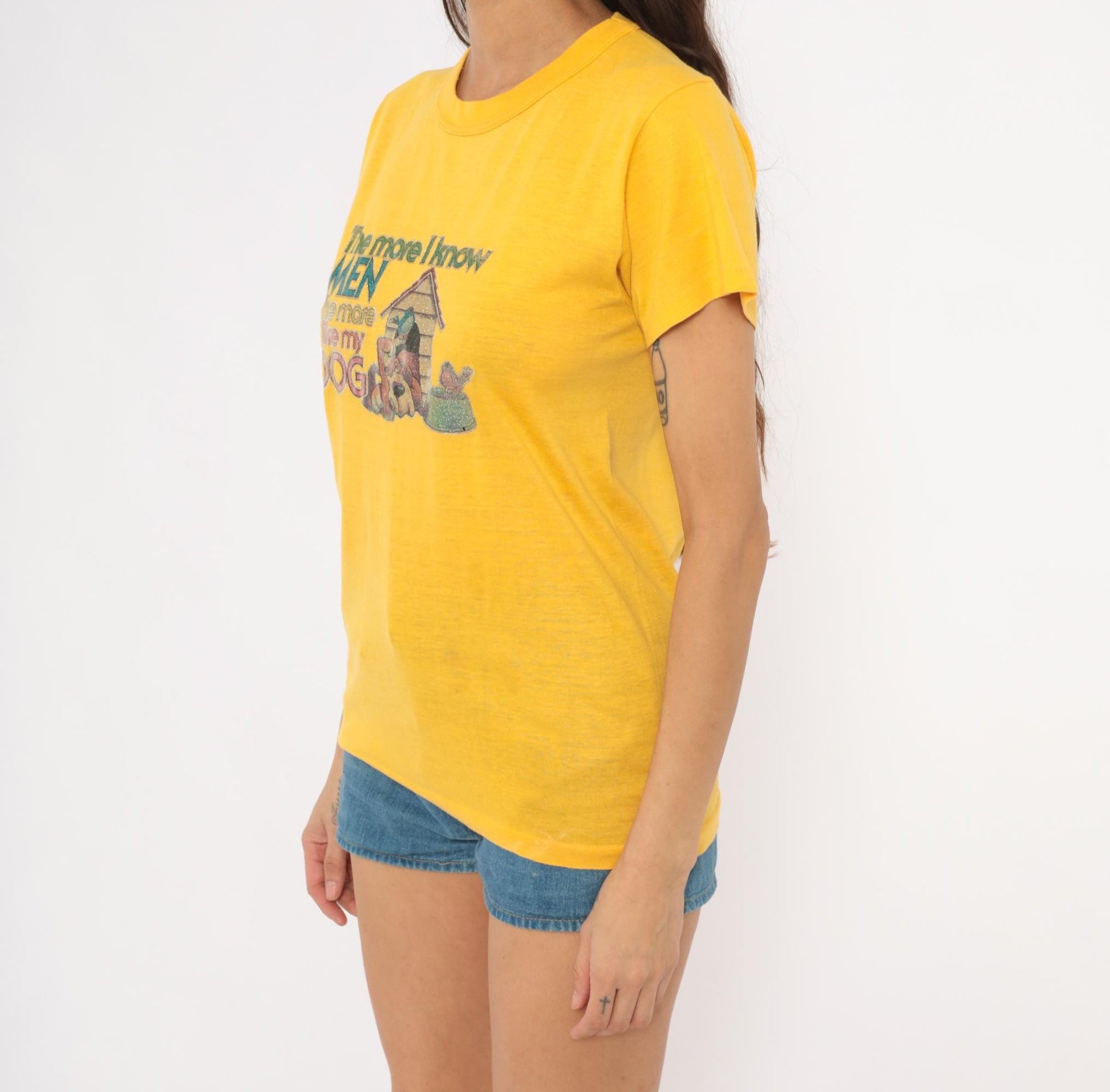 80s Poltermann Glitter Dog Graphic Tee Yellow Cotton Novelty Small