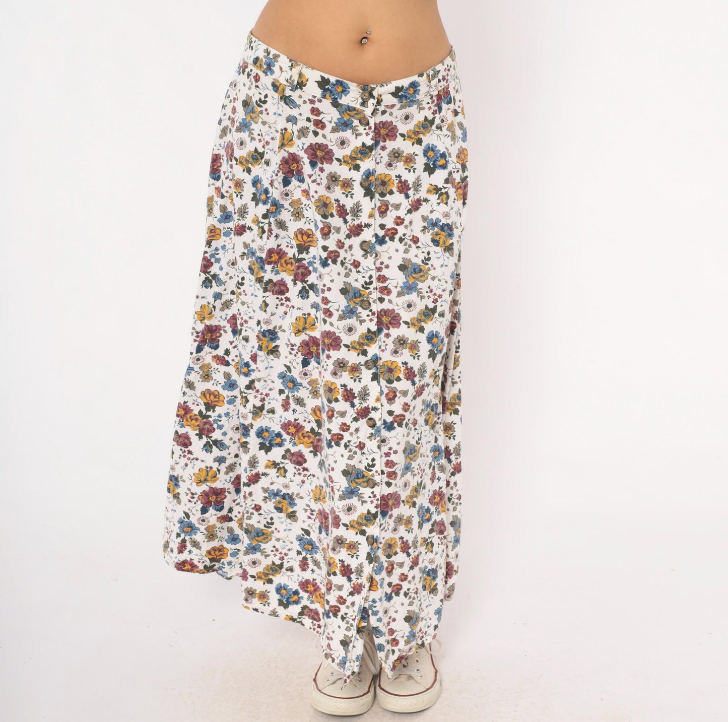 90s White Stag Floral Maxi Skirt Burgundy Mustard Garden Print Large L