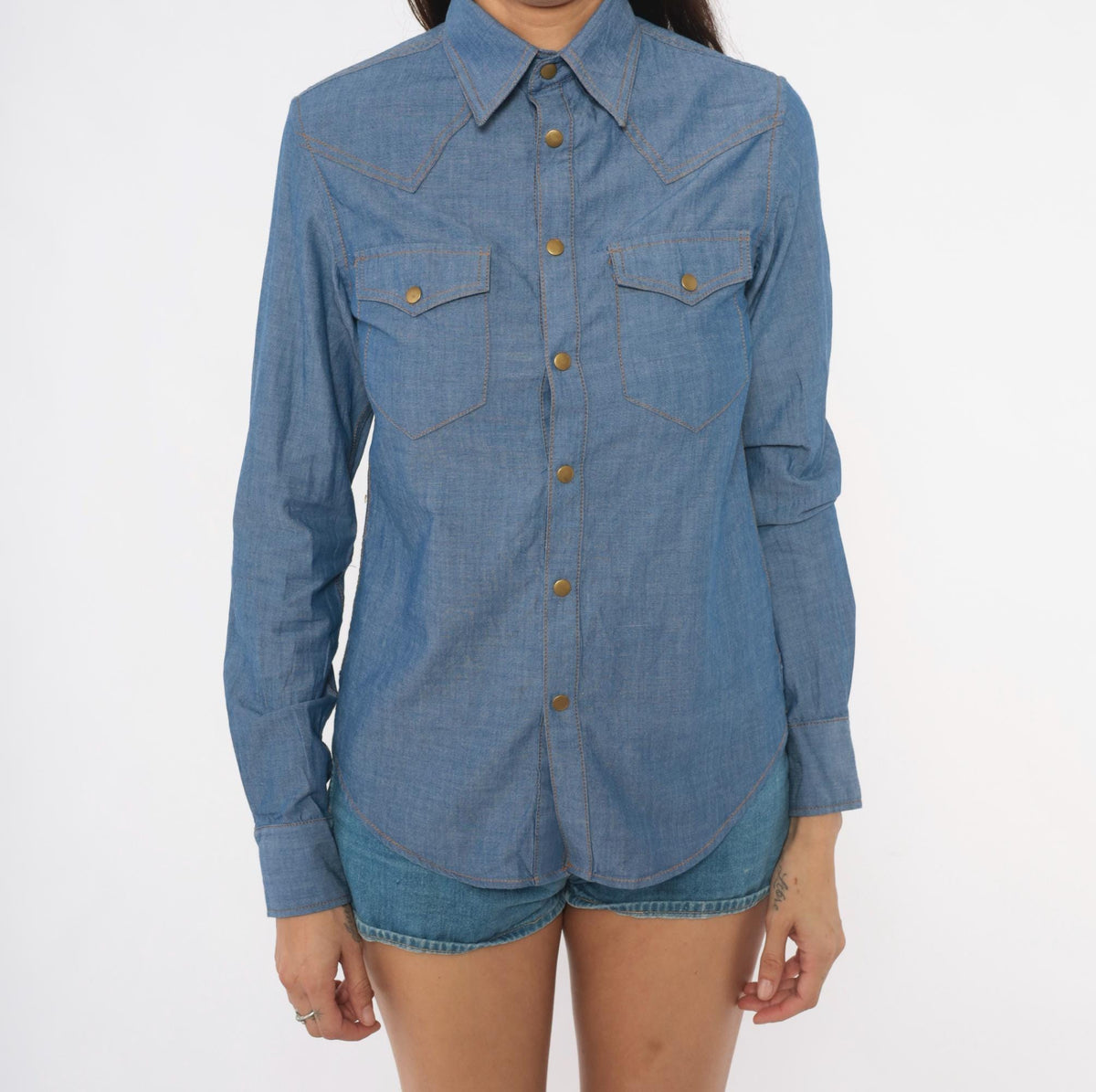 80s O'Harrow Western Chambray Shirt Pearl Snap Button Blue Cotton Small