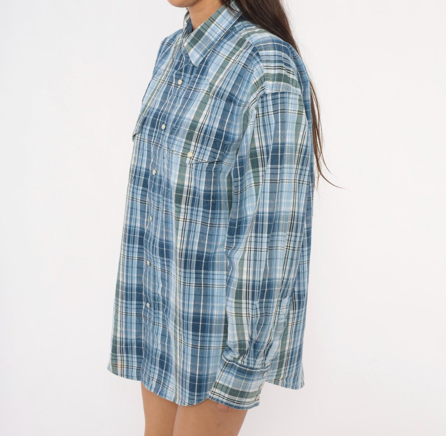Y2K Wrangler Western Plaid Pearl Snap Shirt Blue Green XXL