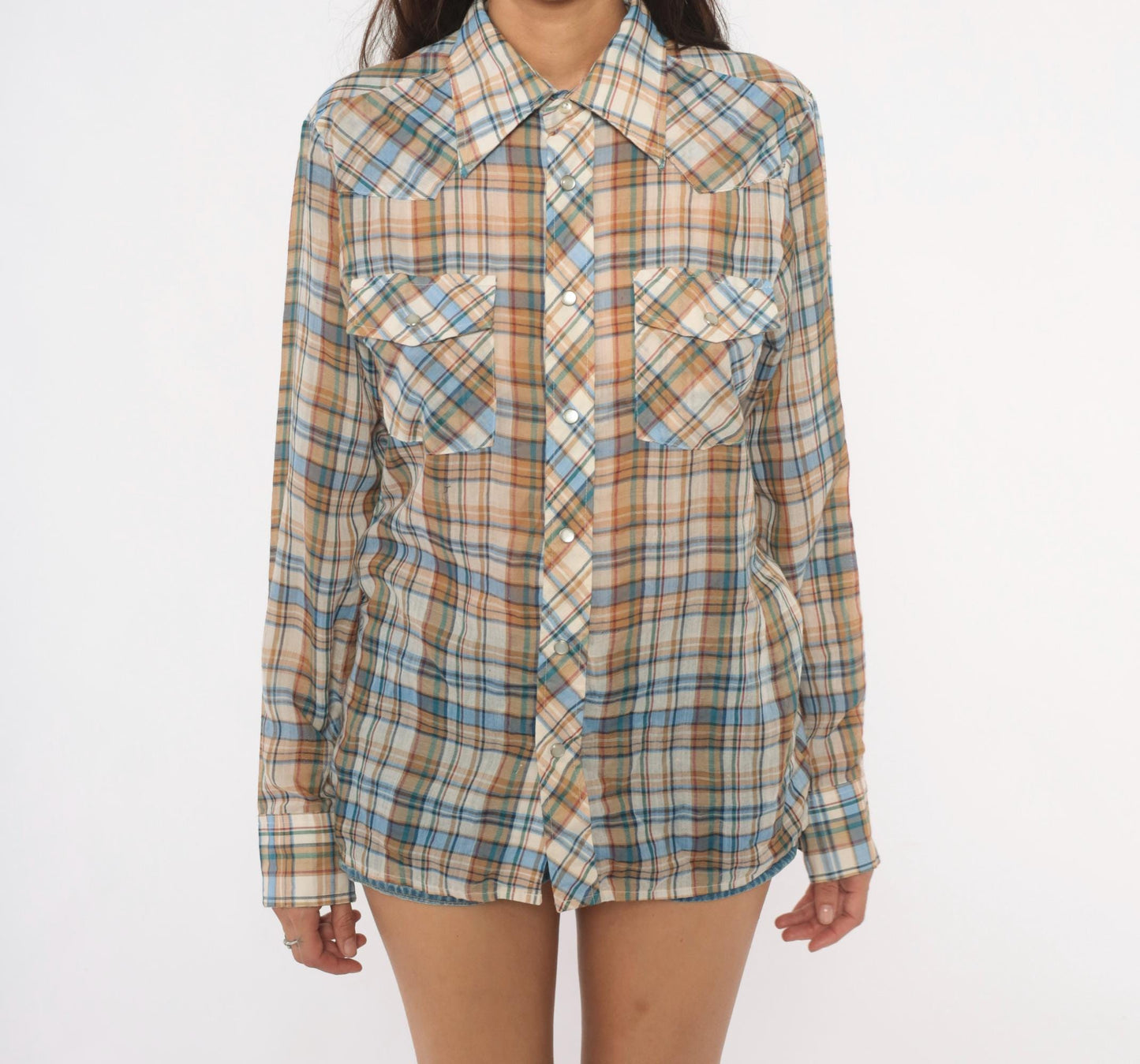 80s Plaid Western Snap Button Shirt Tan Blue Cream Small