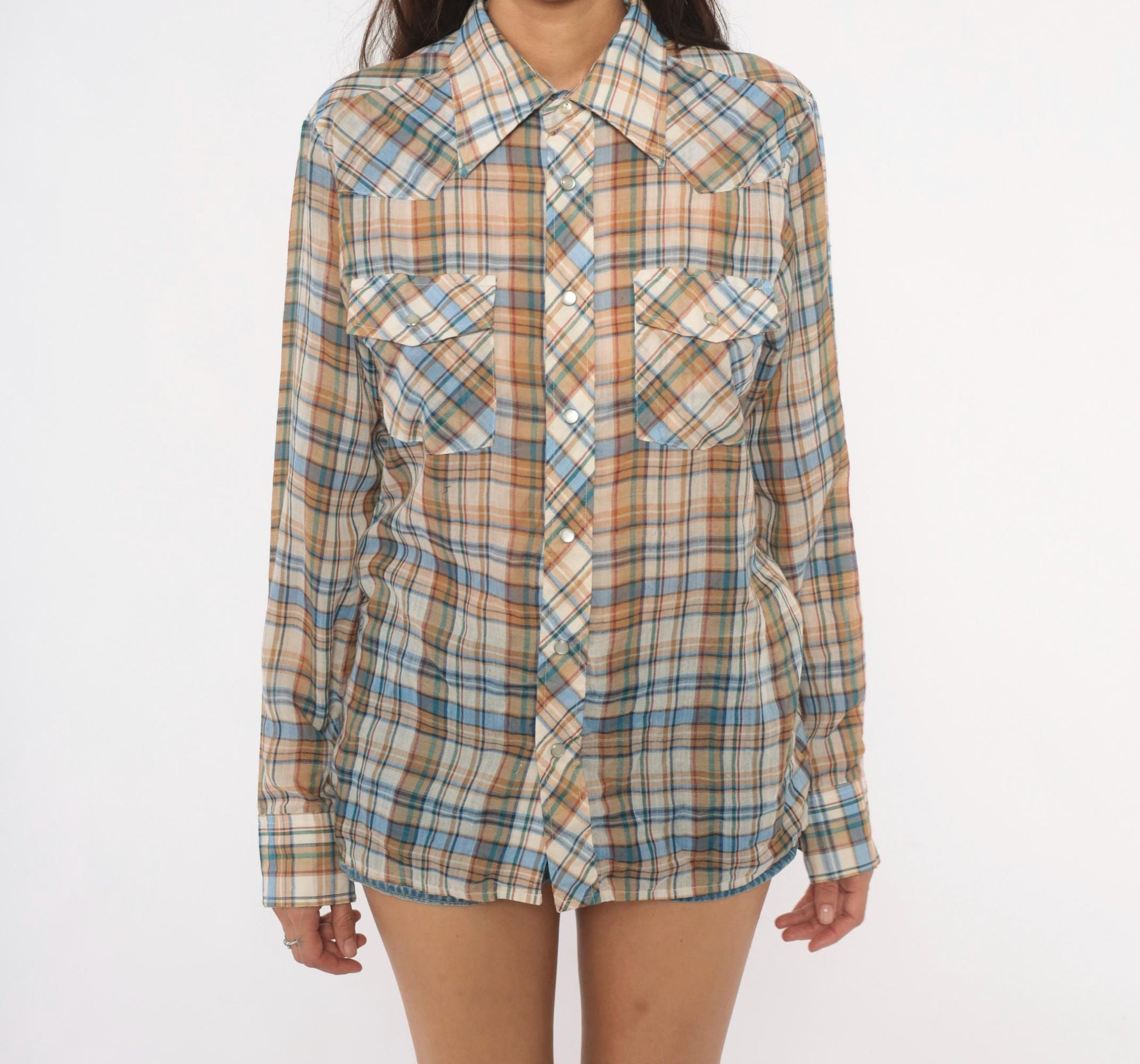 80s Plaid Western Snap Button Shirt Tan Blue Cream Small