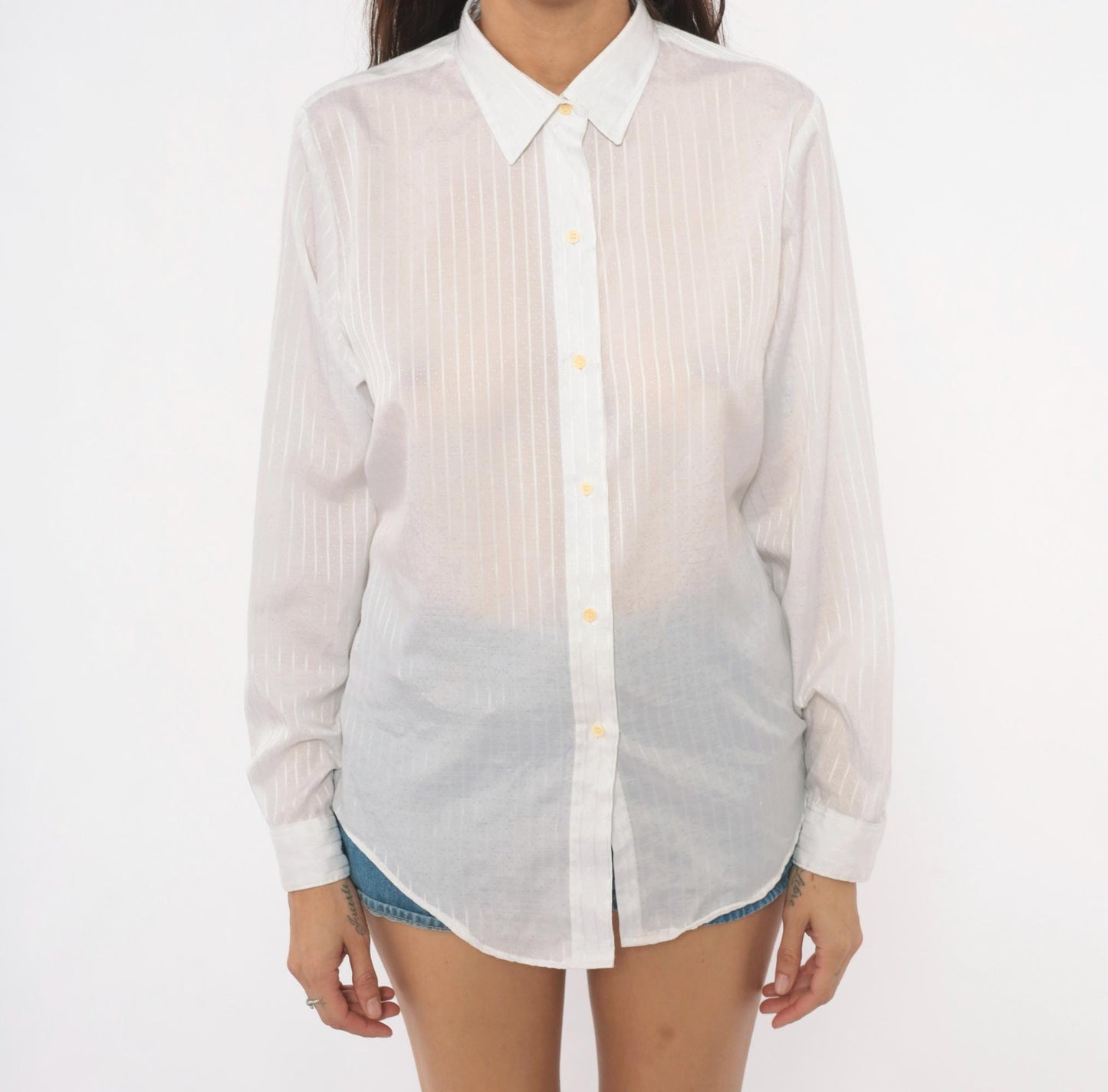 90s Cobble-Lane White Striped Button-Up Blouse Pointed Collar Large L