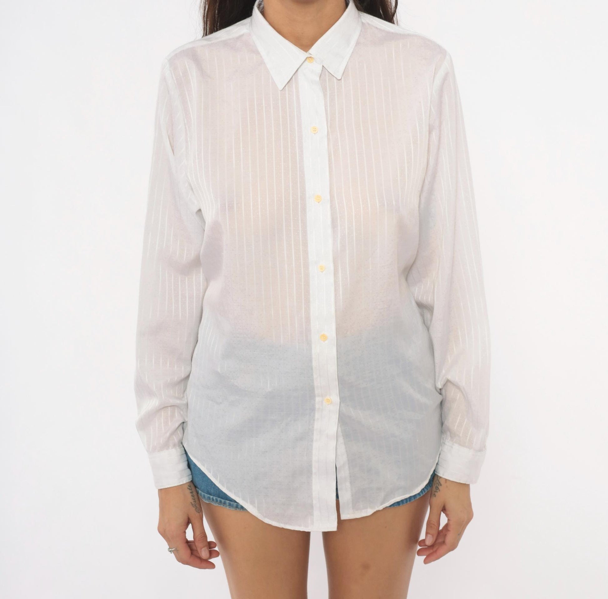 90s Cobble-Lane White Striped Button-Up Blouse Pointed Collar Large L