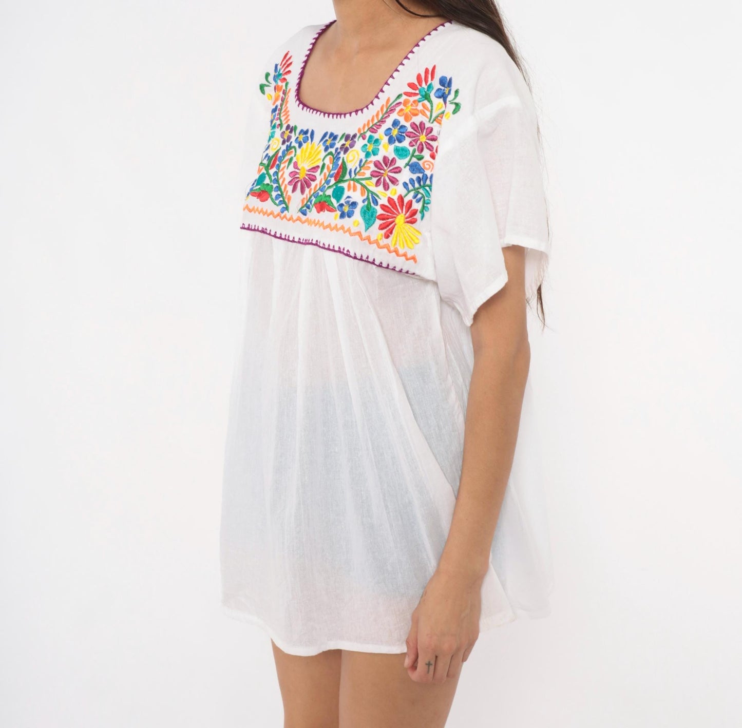 90s Mexican Embroidered Floral Blouse White Cotton Scoop Neck Large