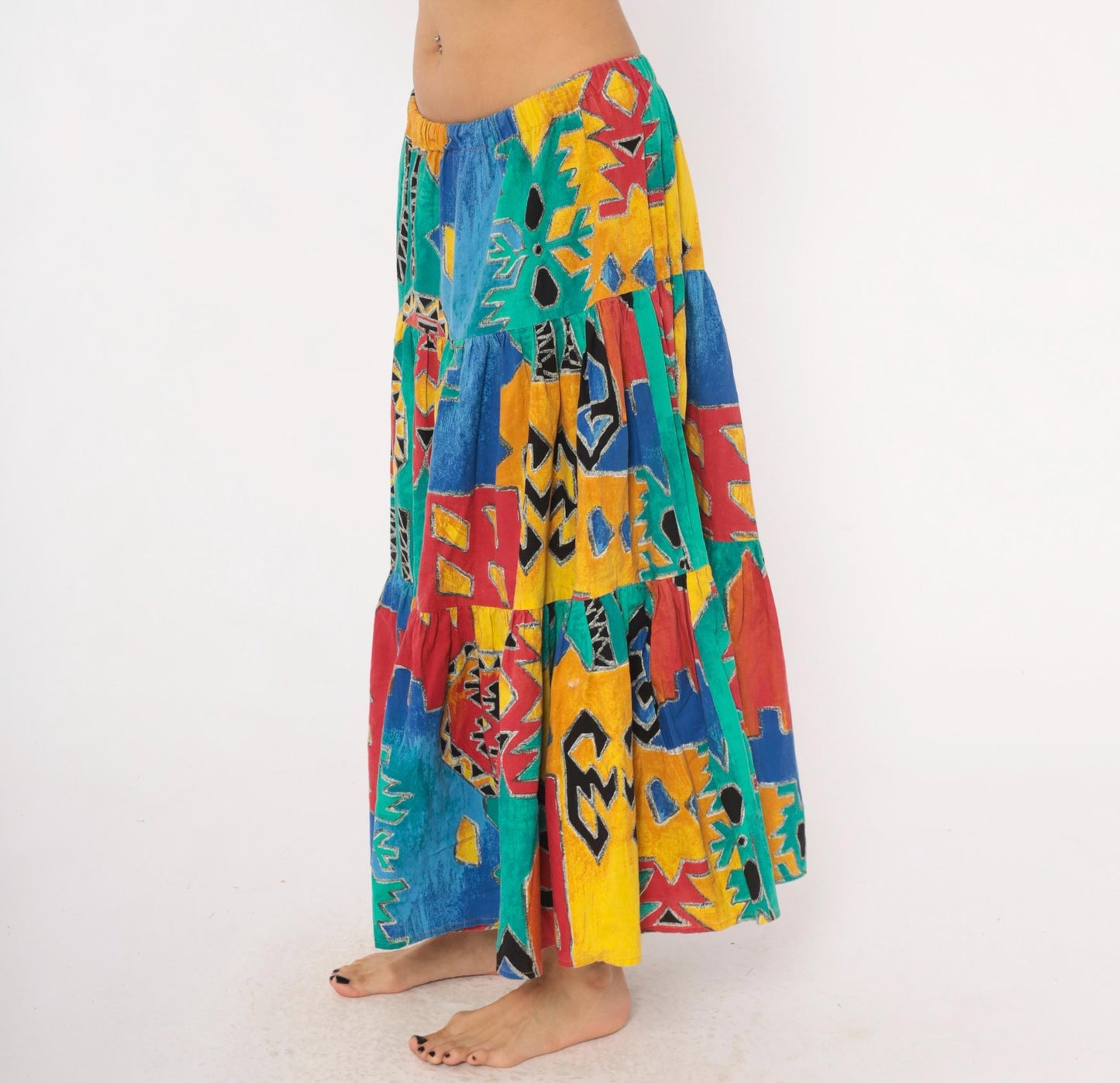 90s Tribal Print Maxi Skirt Teal Red Yellow Blue Tiered Cotton One Size