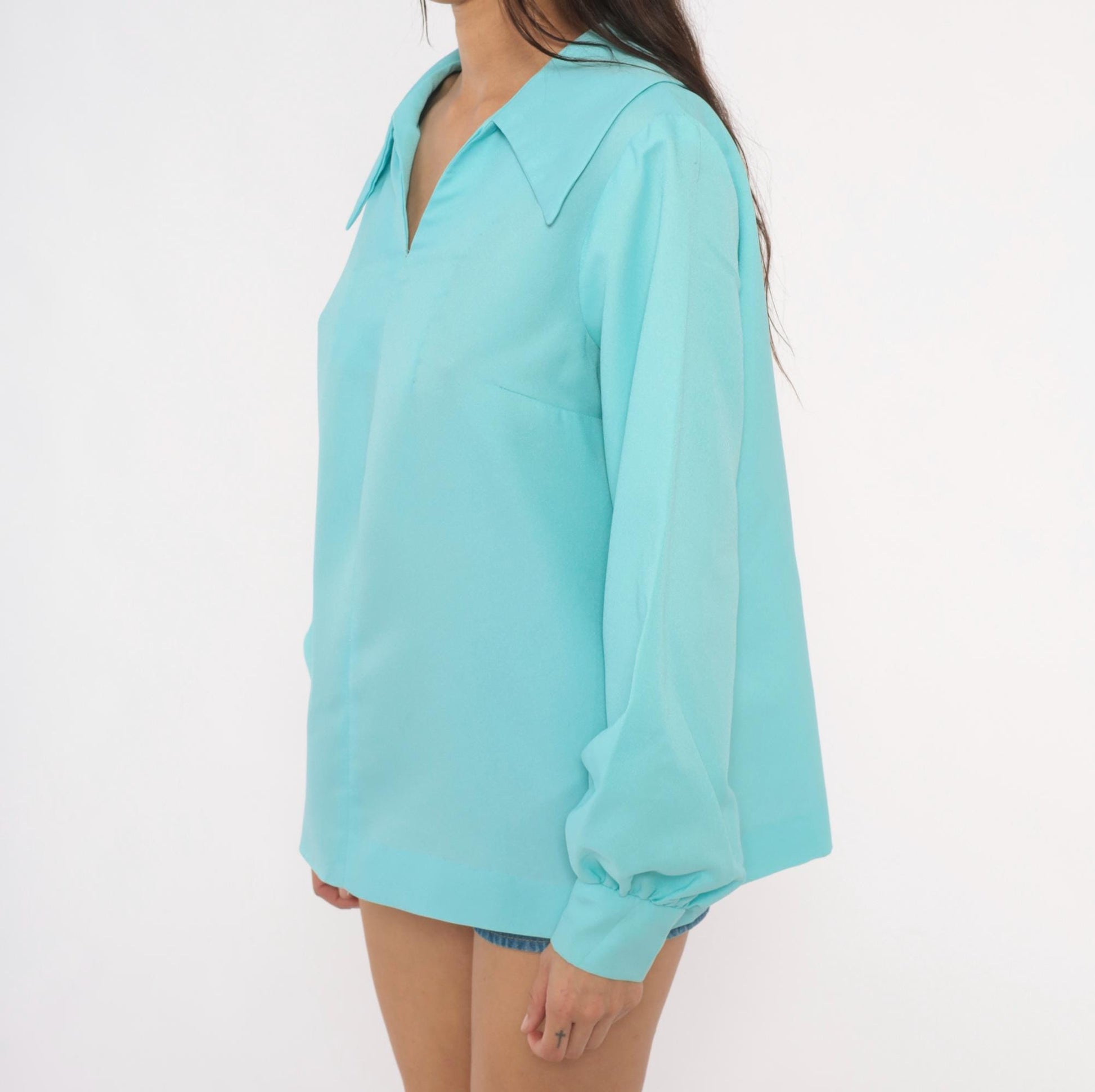 70s Aqua Pullover Blouse V Neck Bishop Sleeve Tunic Large L