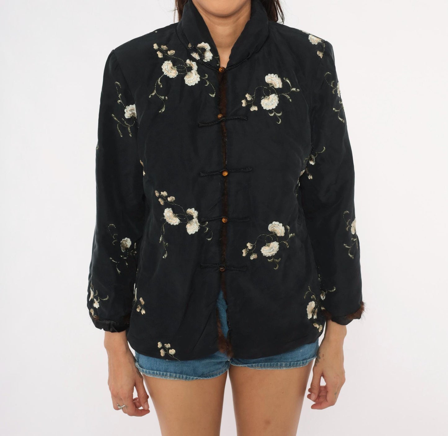 90s Esme Black Silk Jacket Embroidered Floral Mandarin Collar Quilted Small S