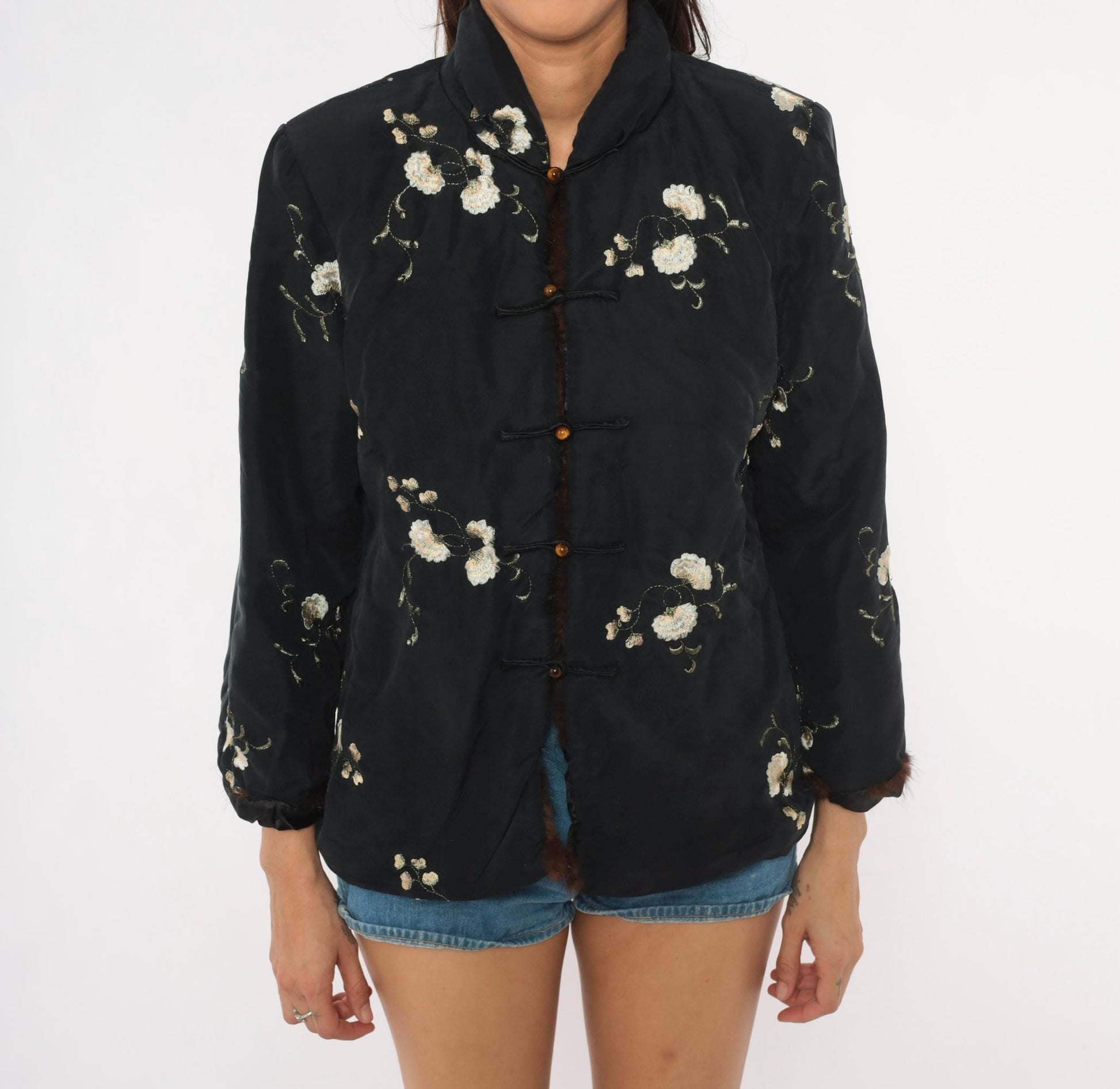 90s Esme Black Silk Jacket Embroidered Floral Mandarin Collar Quilted Small S
