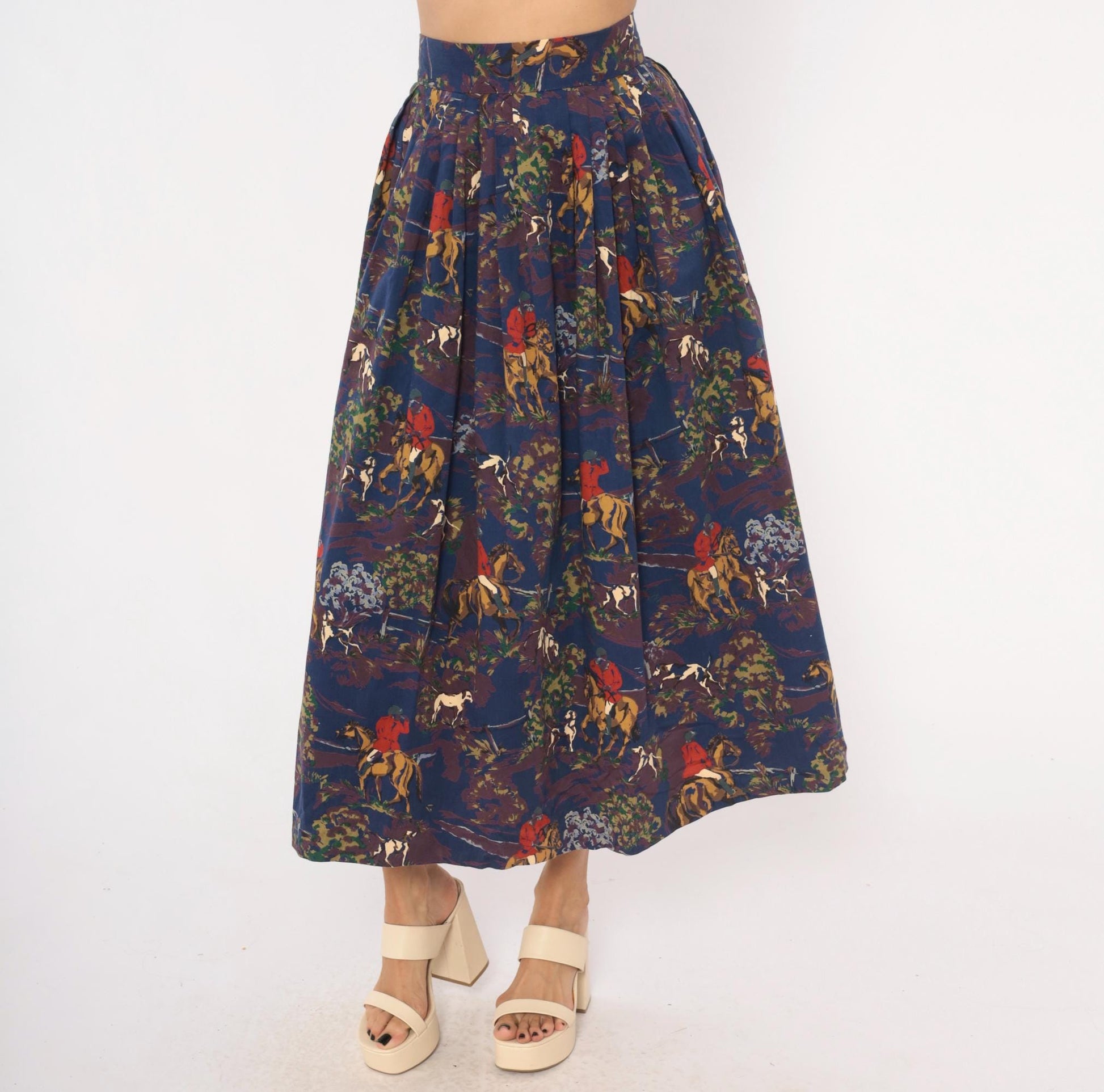 90s Breeches Equestrian Hunt Scene Midi Skirt Navy Purple Pleated Cotton Extra Small XS