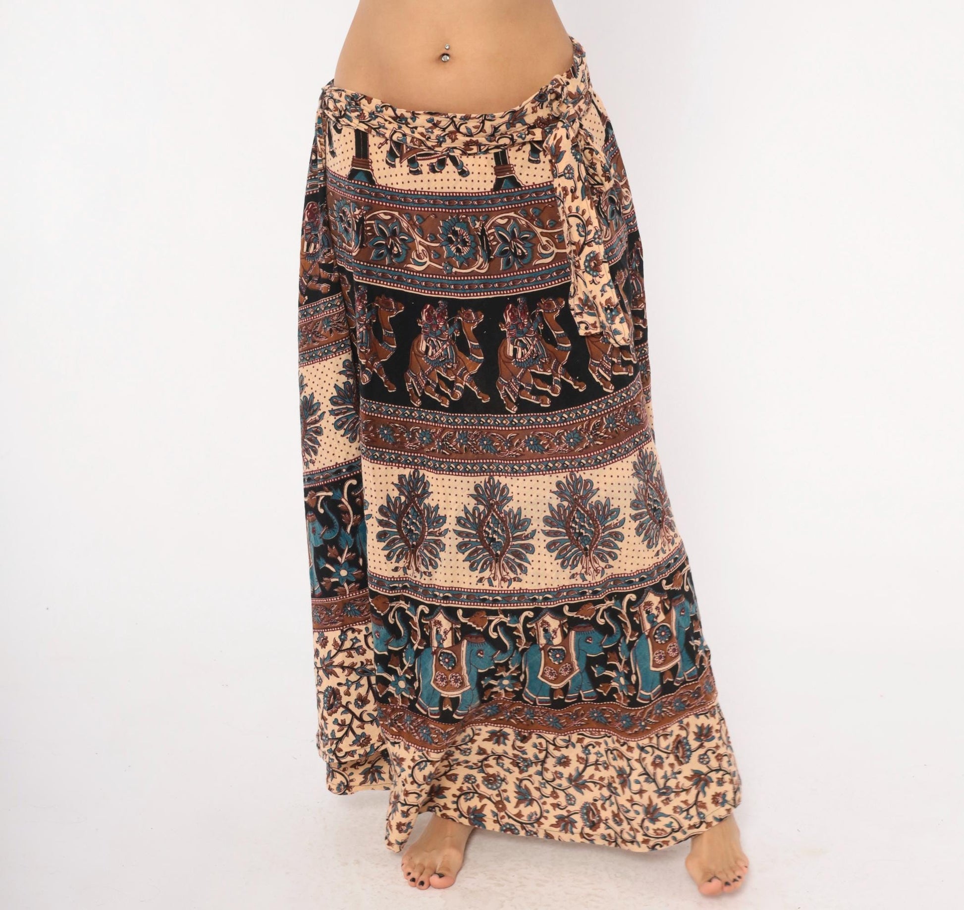 90s Indian Block Print Cotton Wrap Skirt Elephant Peacock Tan Black Teal Small-Large
