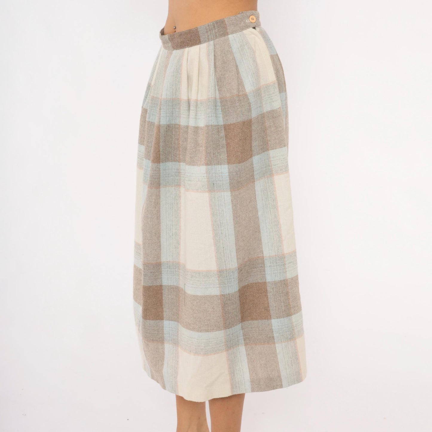 80s Wool Blend Plaid Midi Skirt Tan Cream Powder Blue Pleated Medium M