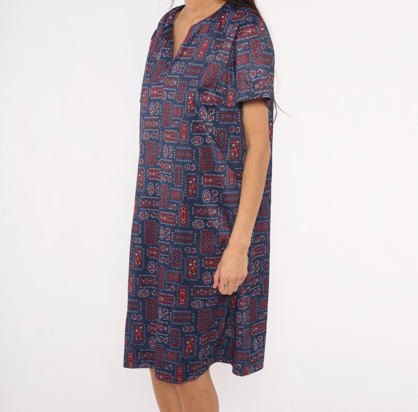 70s Navy Bandana Patchwork Shift Dress Red Floral Folk Print Knee Length Extra Large