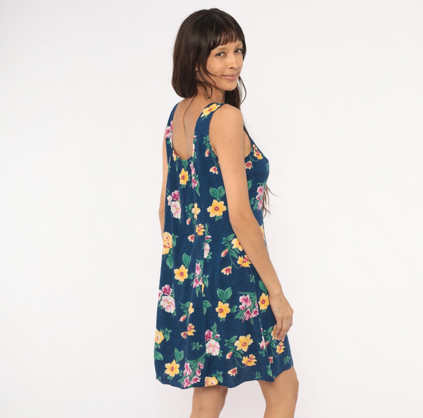90s Tr Bentley Floral Sundress Navy Blue Yellow Rose Print Medium M