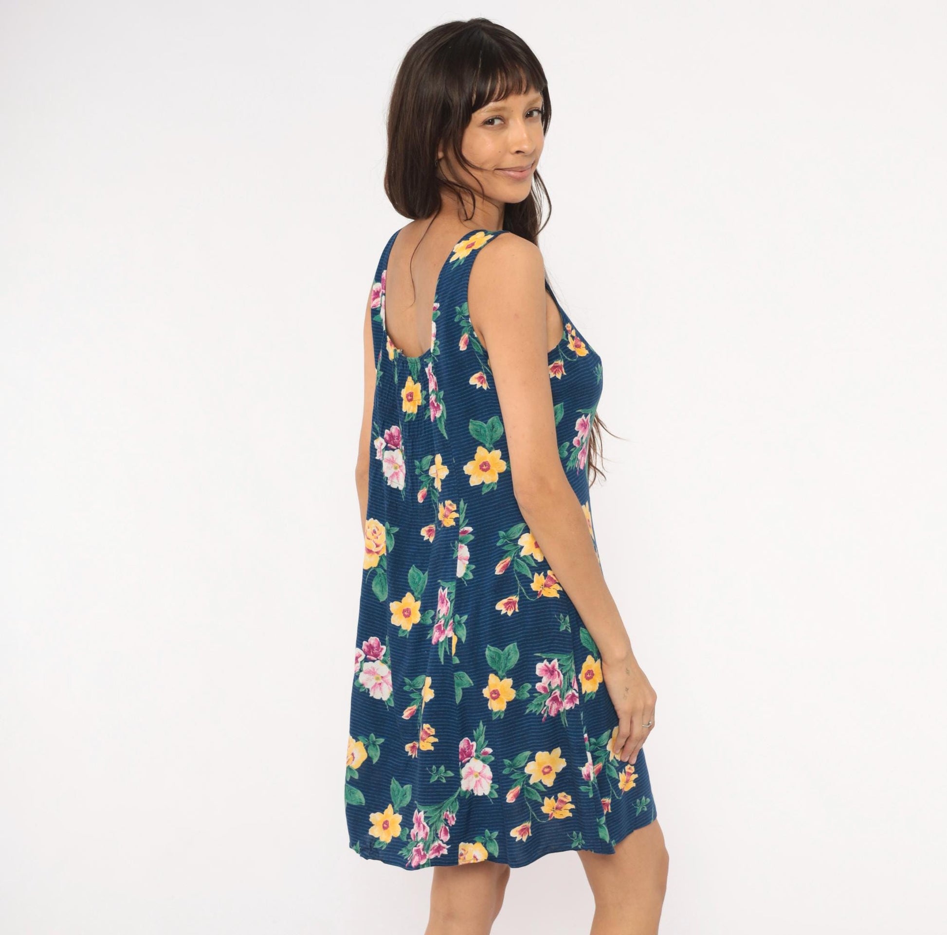 90s Tr Bentley Floral Sundress Navy Blue Yellow Rose Print Medium M