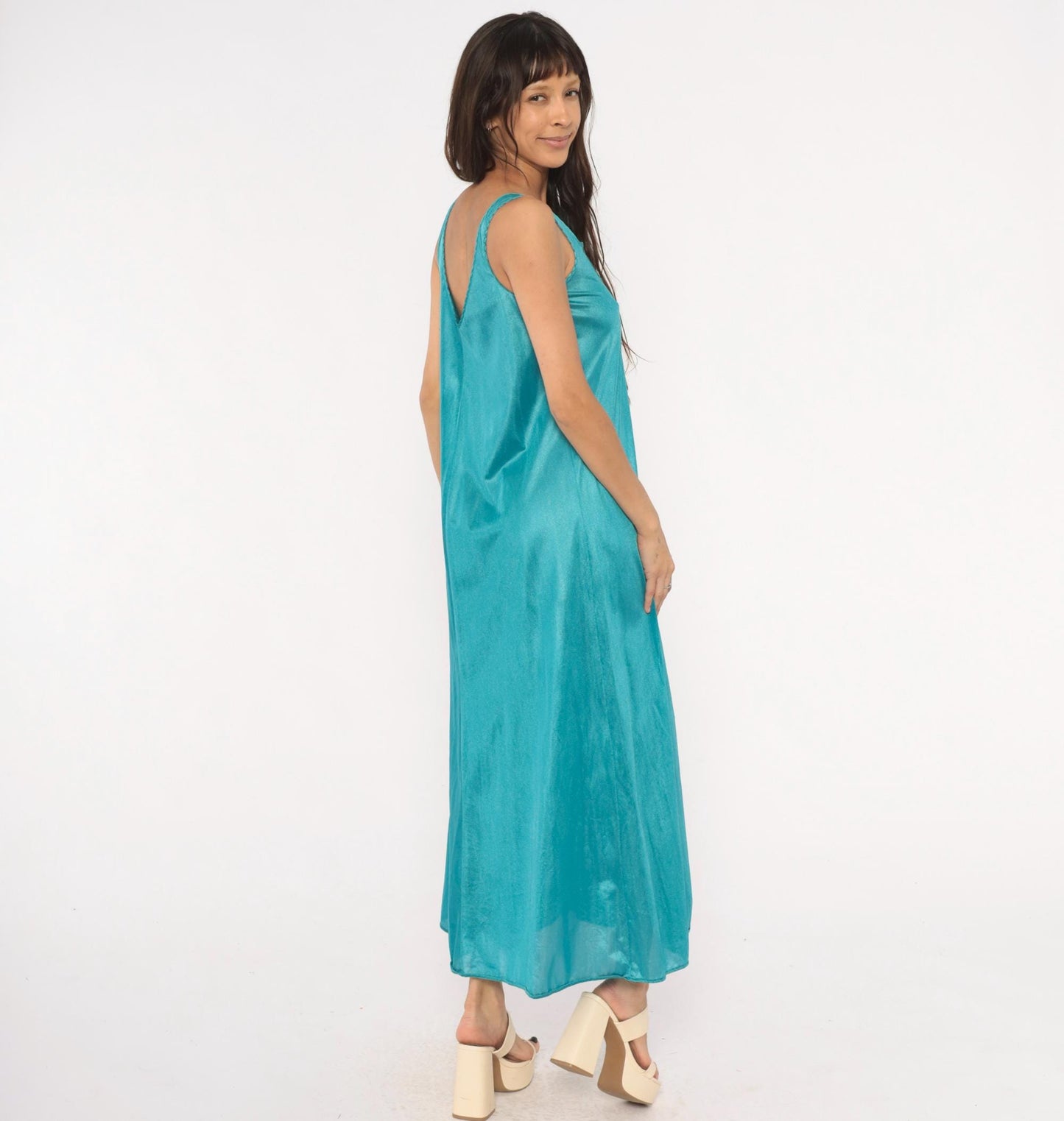 70s Undercover Wear Teal Maxi Nightgown Butterfly Mesh V-Neck Small